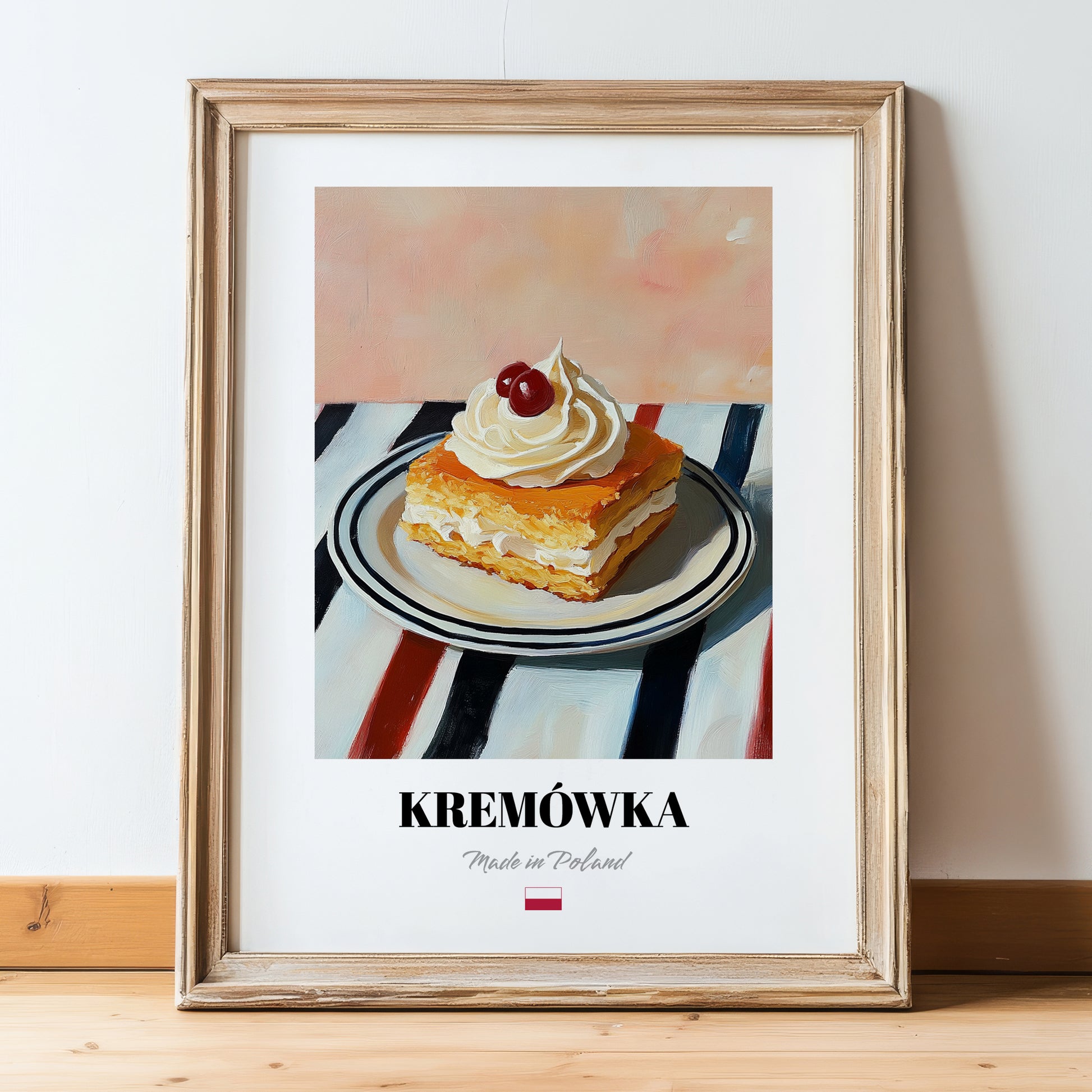 Kremówka (Napoleonka) – on Striped Tablecloth, Polish Dessert Painting, in wooden frame leaning on the floor