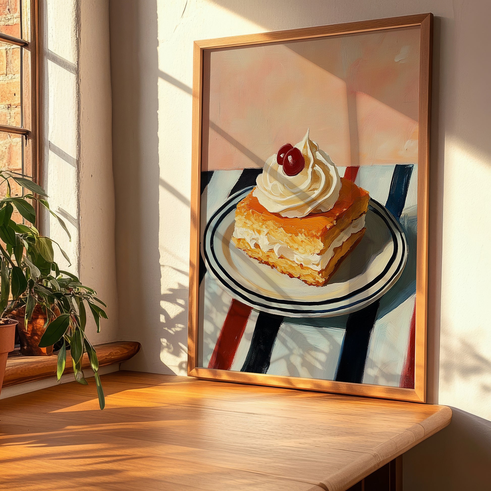 Kremówka (Napoleonka) – on Striped Tablecloth, Polish Dessert Painting, clean layout with no caption