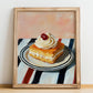 Kremówka (Napoleonka) – on Striped Tablecloth, Polish Dessert Painting, no-text version framed in wood