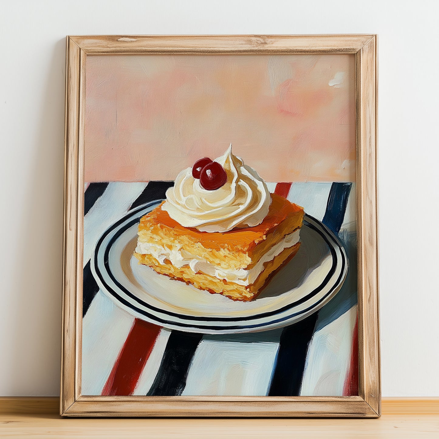 Kremówka (Napoleonka) – on Striped Tablecloth, Polish Dessert Painting, no-text version framed in wood