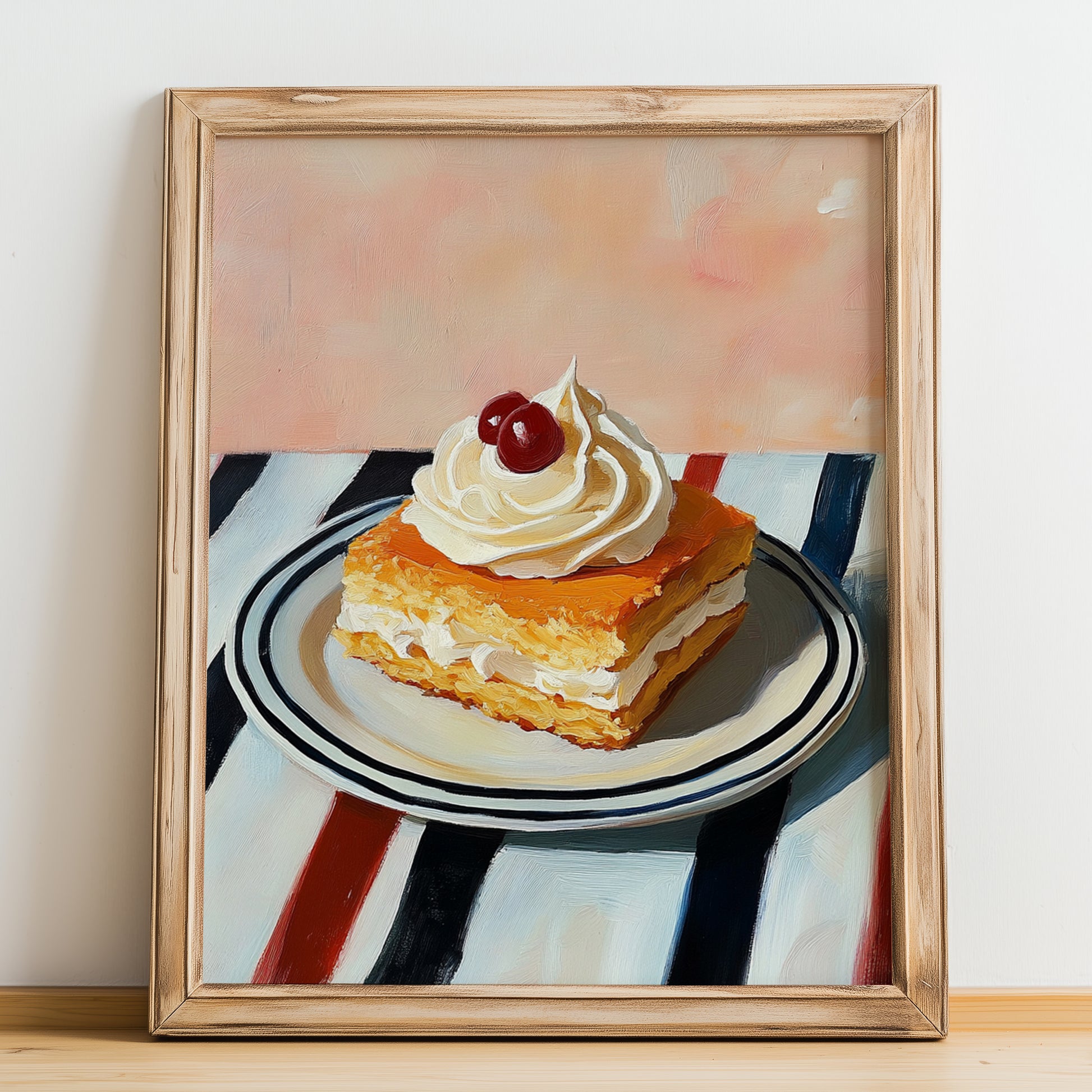 Kremówka (Napoleonka) – on Striped Tablecloth, Polish Dessert Painting, no-text version framed in wood
