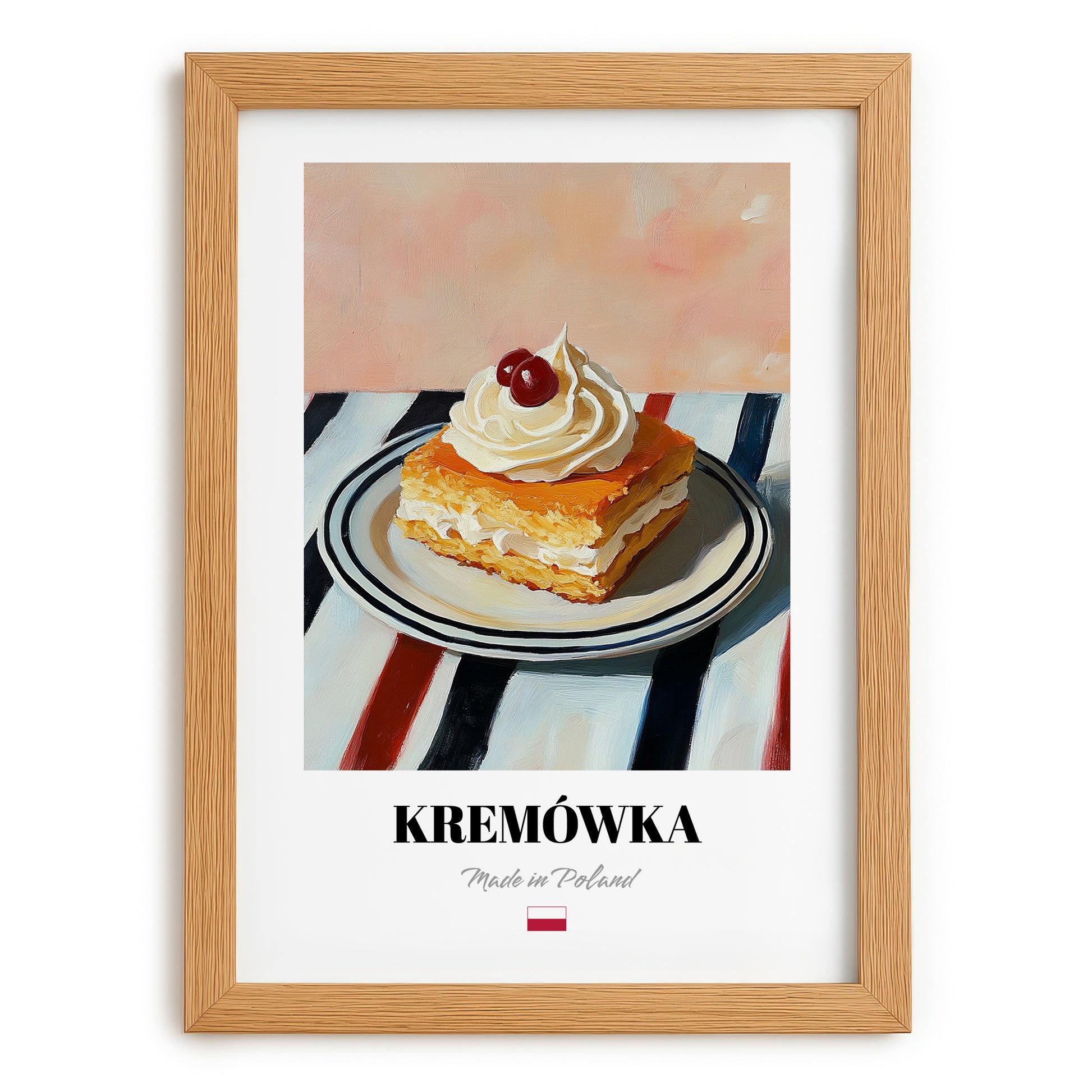 Kremówka (Napoleonka) – on Striped Tablecloth, Polish Dessert Painting, set in oak frame