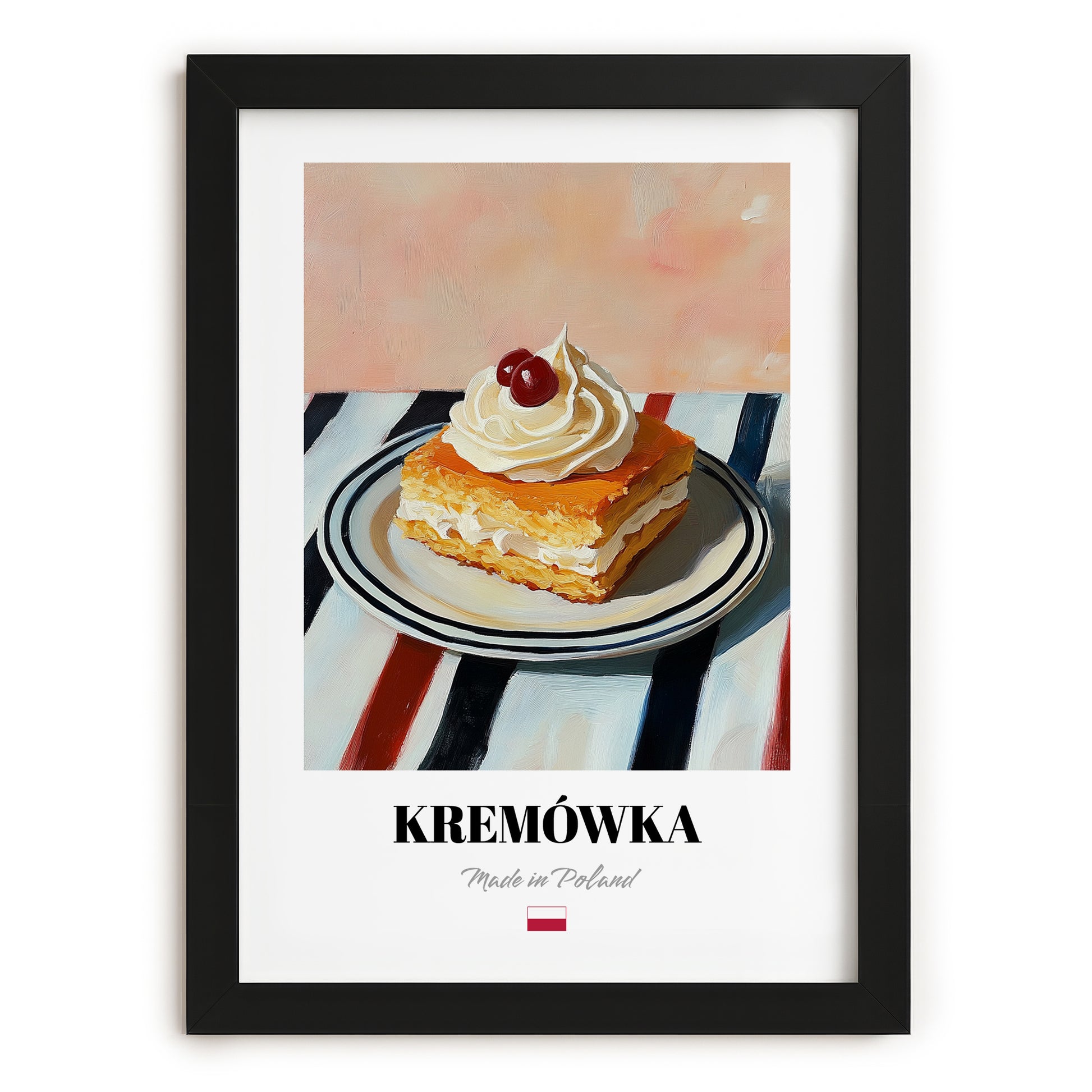 Kremówka (Napoleonka) – on Striped Tablecloth, Polish Dessert Painting, in sleek black frame
