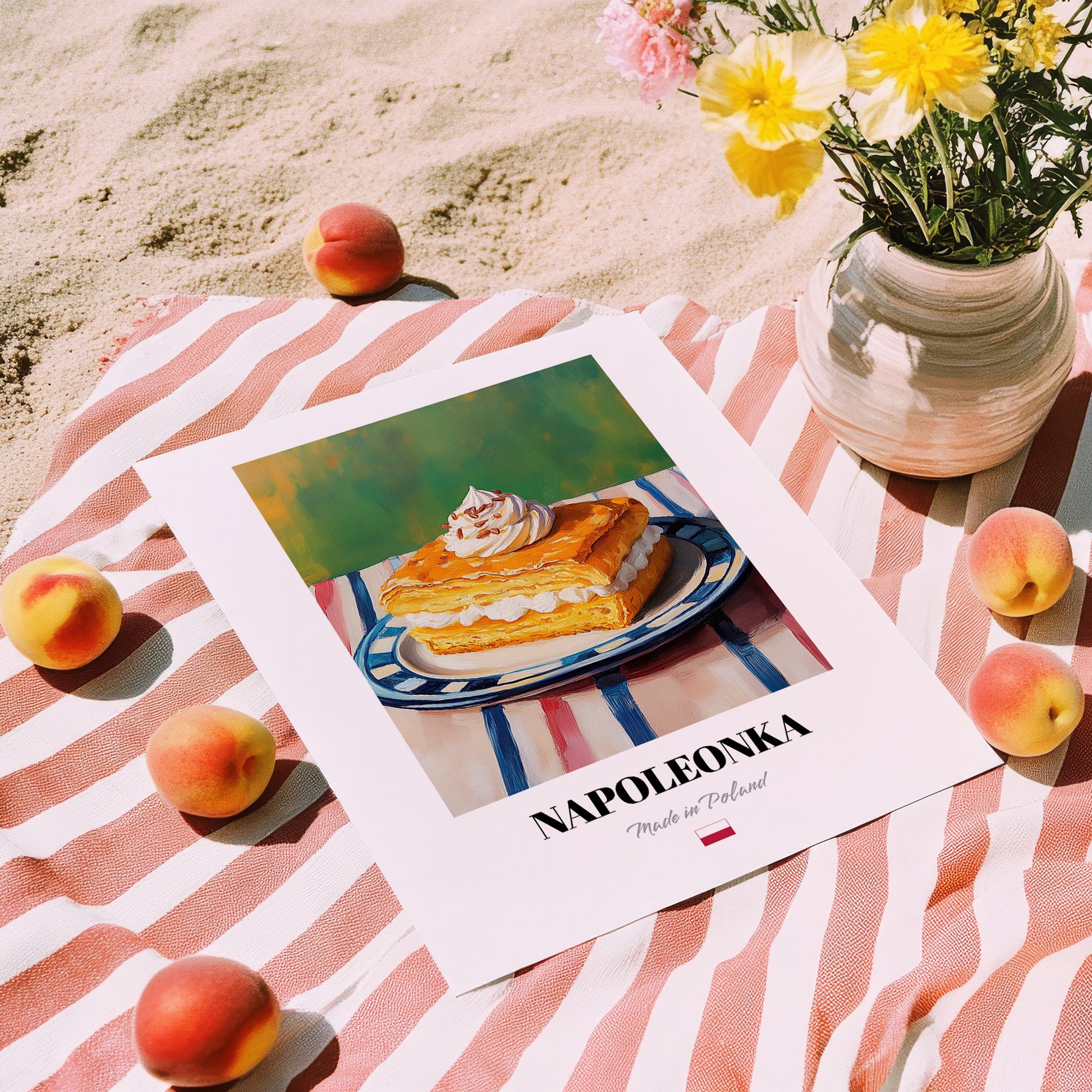 Kremówka (Napoleonka) – Oil Painting, Polish Dessert Wall Poster, unframed on coastal sand