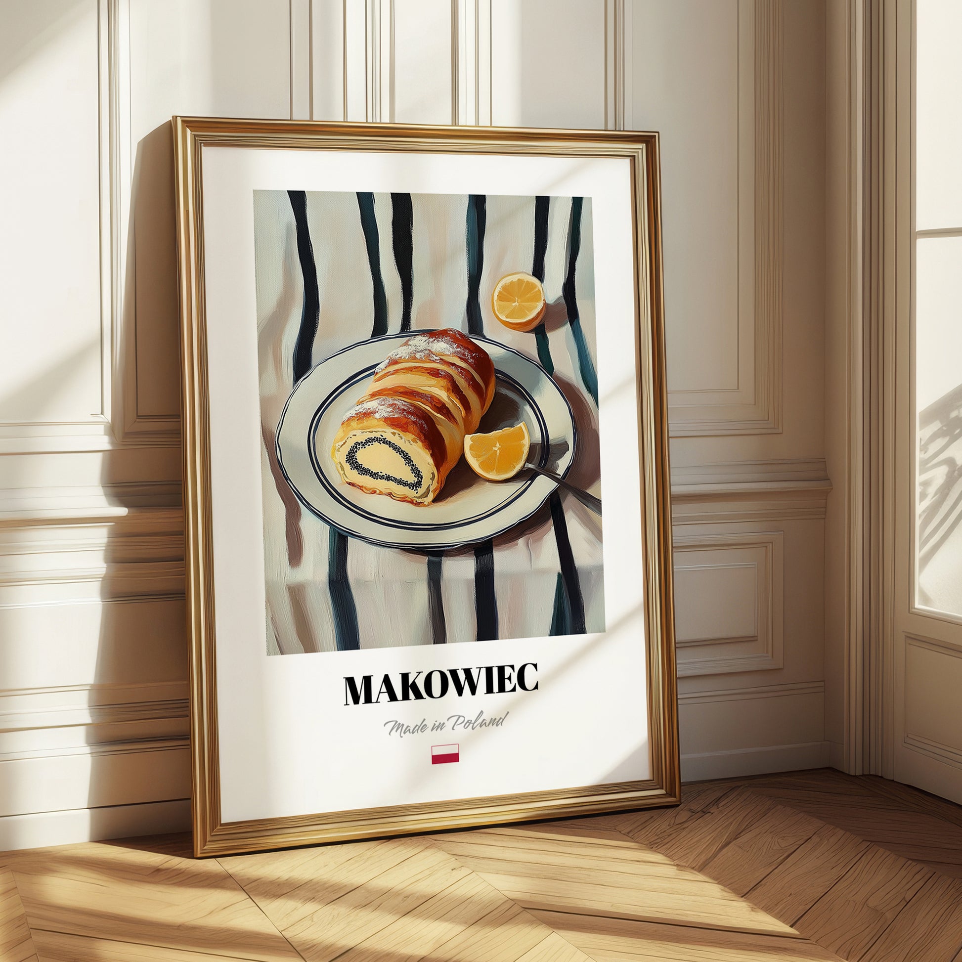 Makowiec – on Striped Tablecloth, Polish Dessert Print 