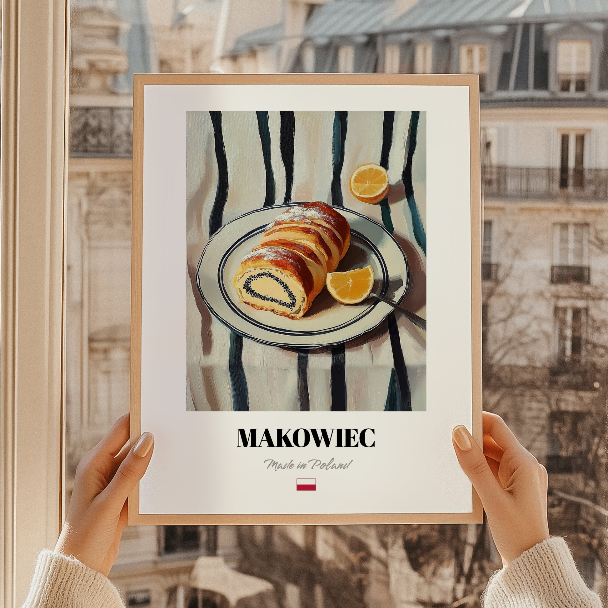 Makowiec – on Striped Tablecloth, Polish Dessert Print, styled in a charming Paris street view