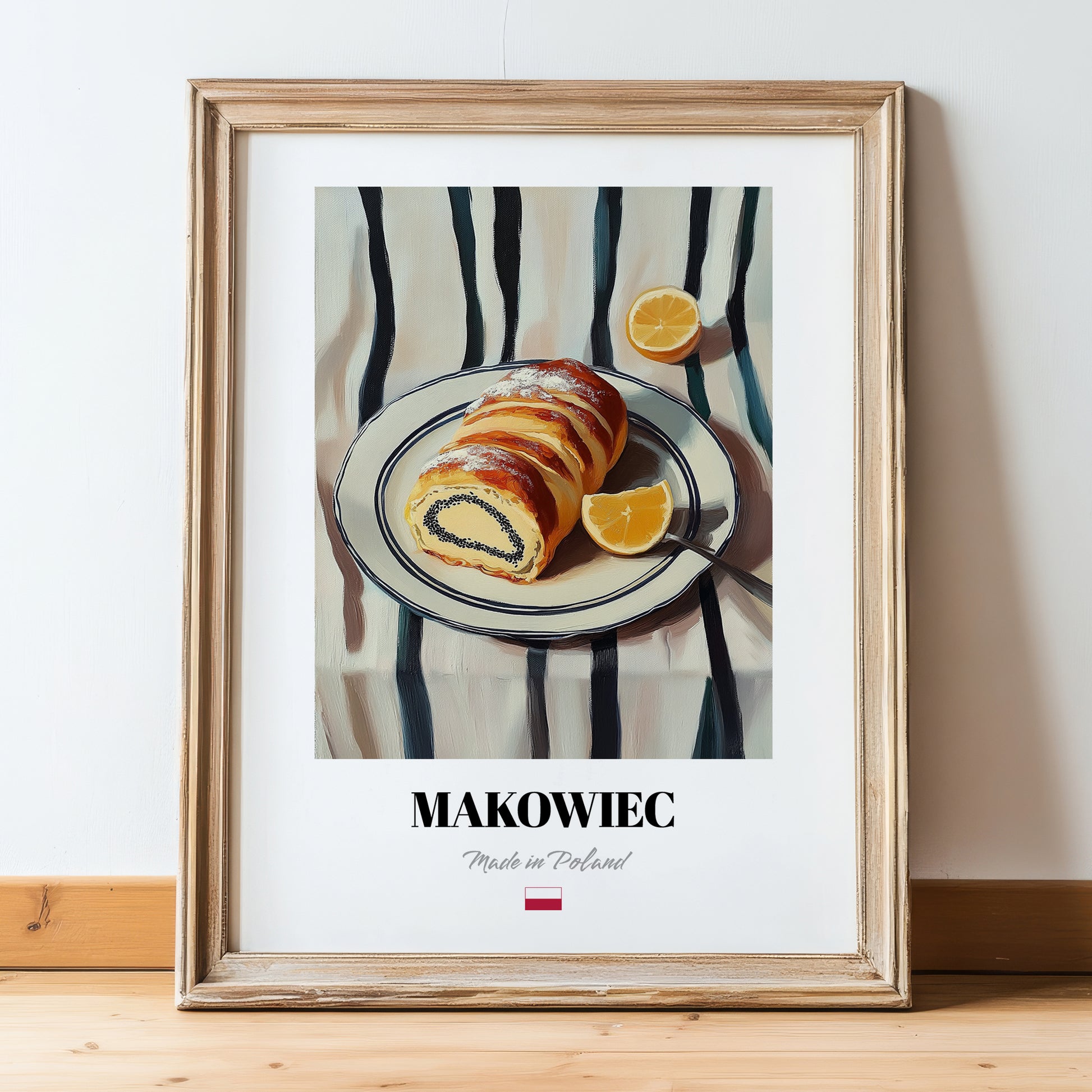 Makowiec – on Striped Tablecloth, Polish Dessert Print, in wooden frame leaning on the floor