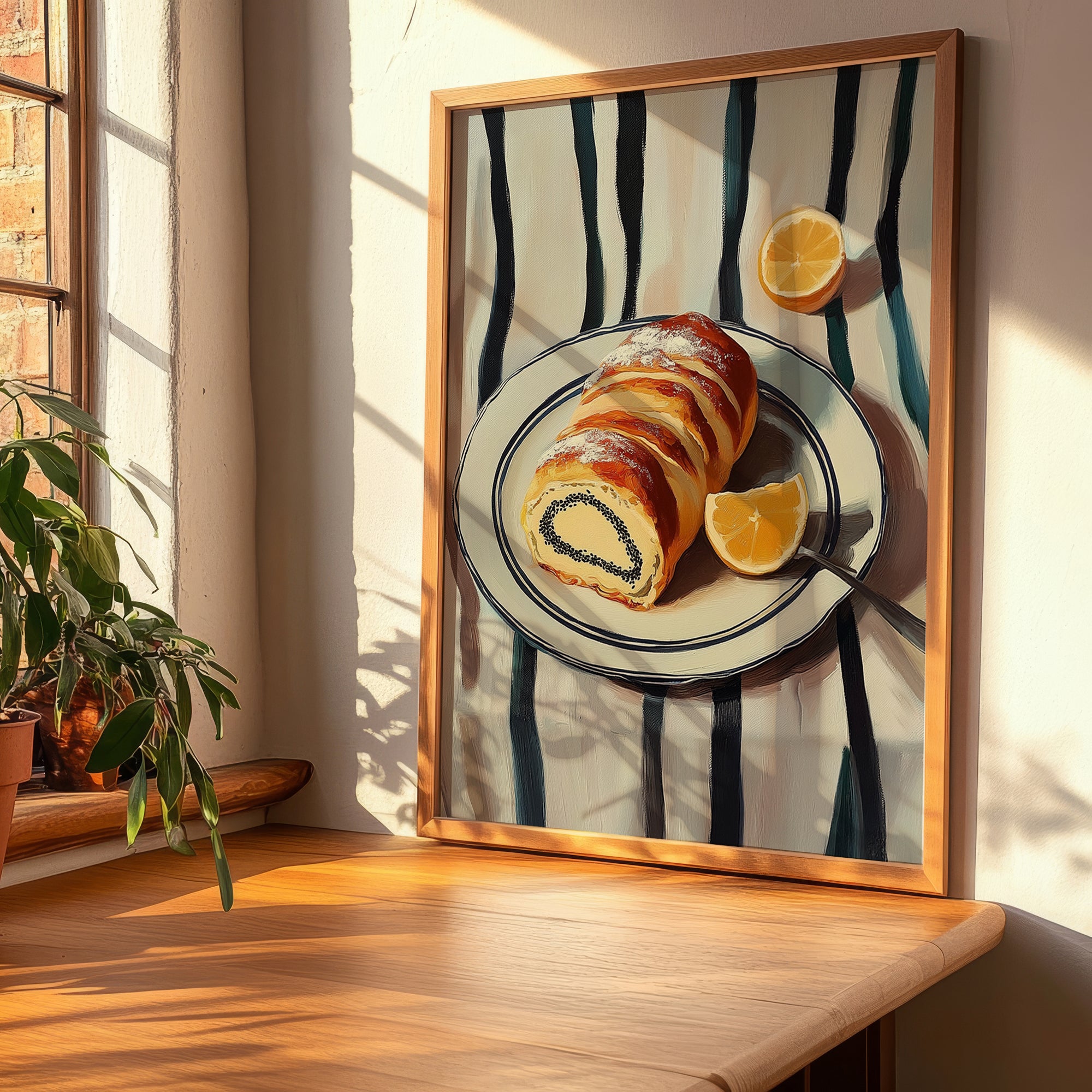 Makowiec – on Striped Tablecloth, Polish Dessert Print, clean layout with no caption
