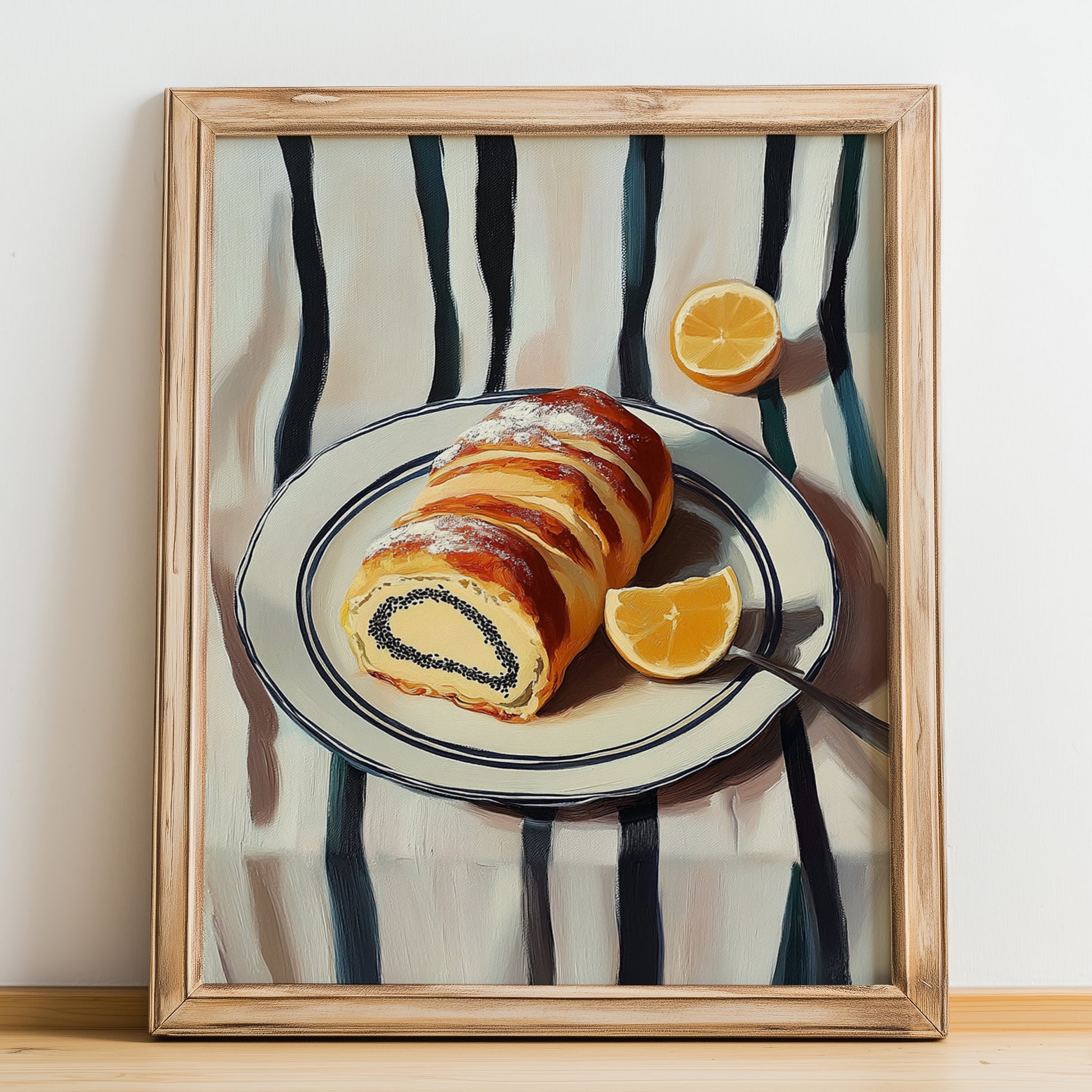 Makowiec – on Striped Tablecloth, Polish Dessert Print, no-text version framed in wood