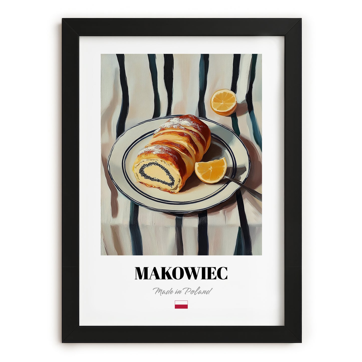 Makowiec – on Striped Tablecloth, Polish Dessert Print, in sleek black frame