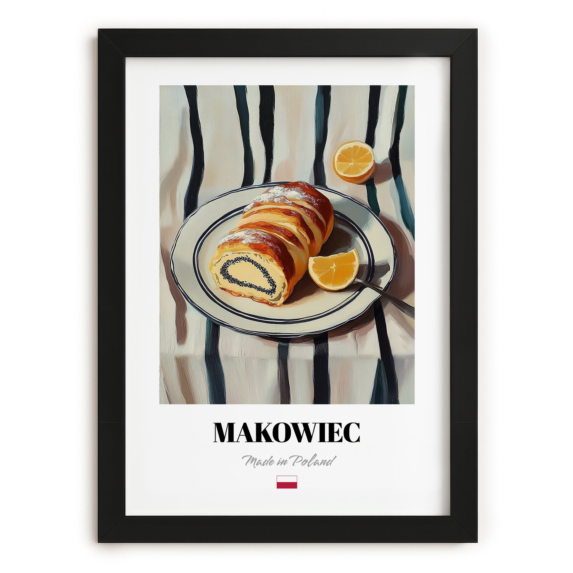 Makowiec – on Striped Tablecloth, Polish Dessert Print, in sleek black frame