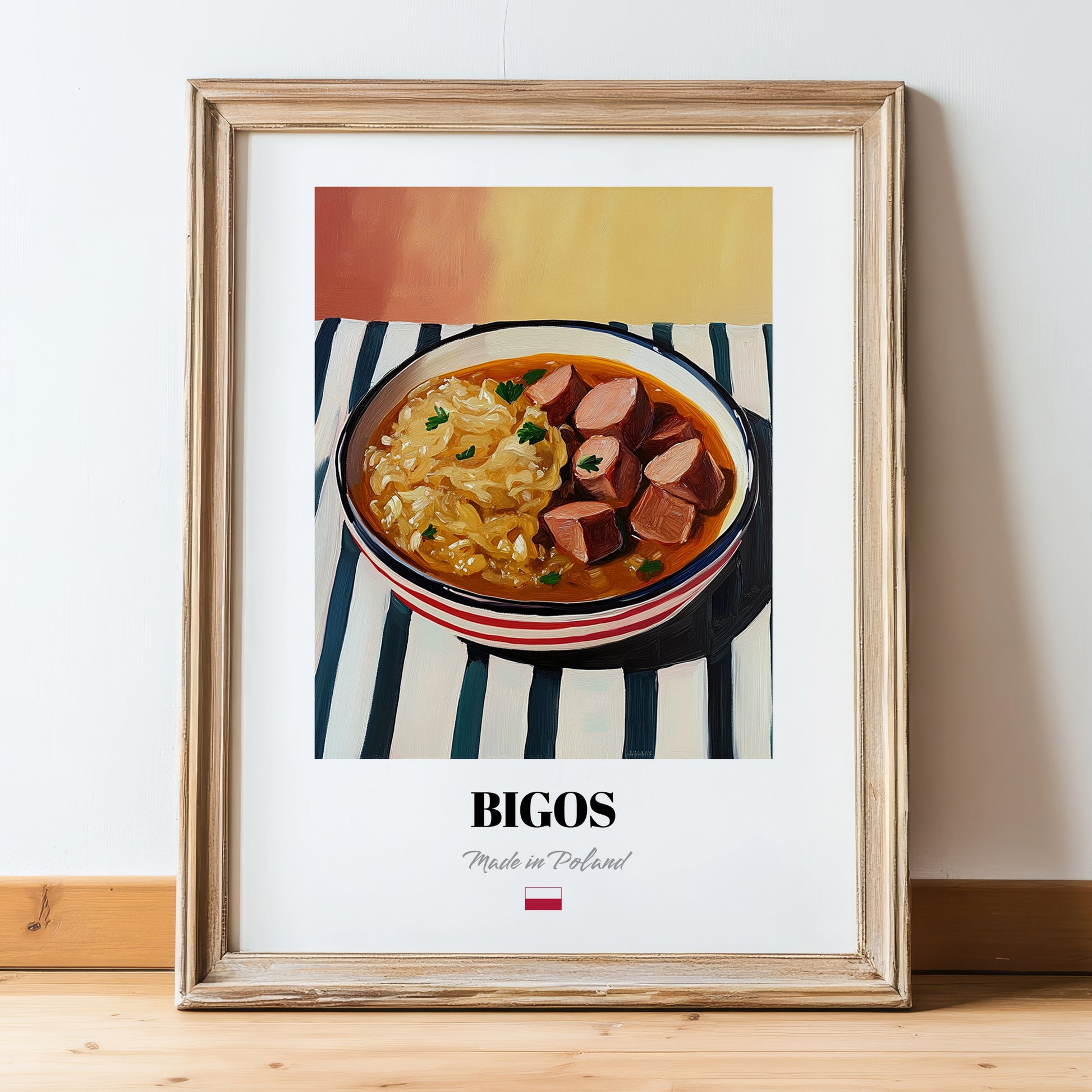 Bigos – on Striped Tablecloth, Polish Food Wall Decor, in wooden frame leaning on the floor