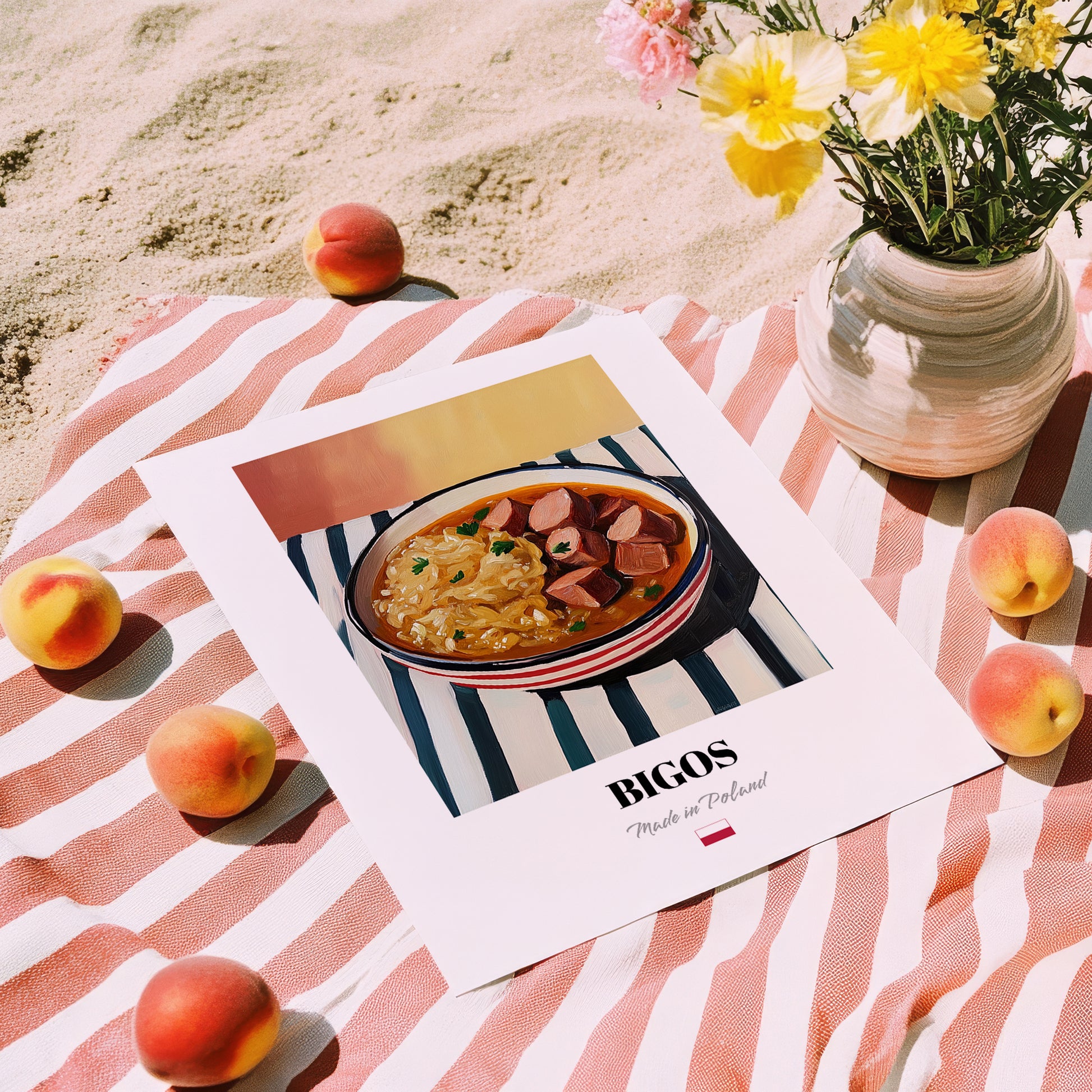 Bigos – on Striped Tablecloth, Polish Food Wall Decor, unframed on coastal sand