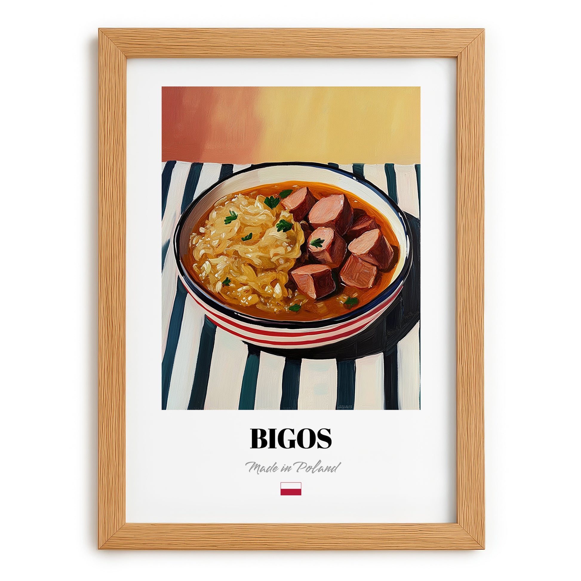 Bigos – on Striped Tablecloth, Polish Food Wall Decor, set in oak frame