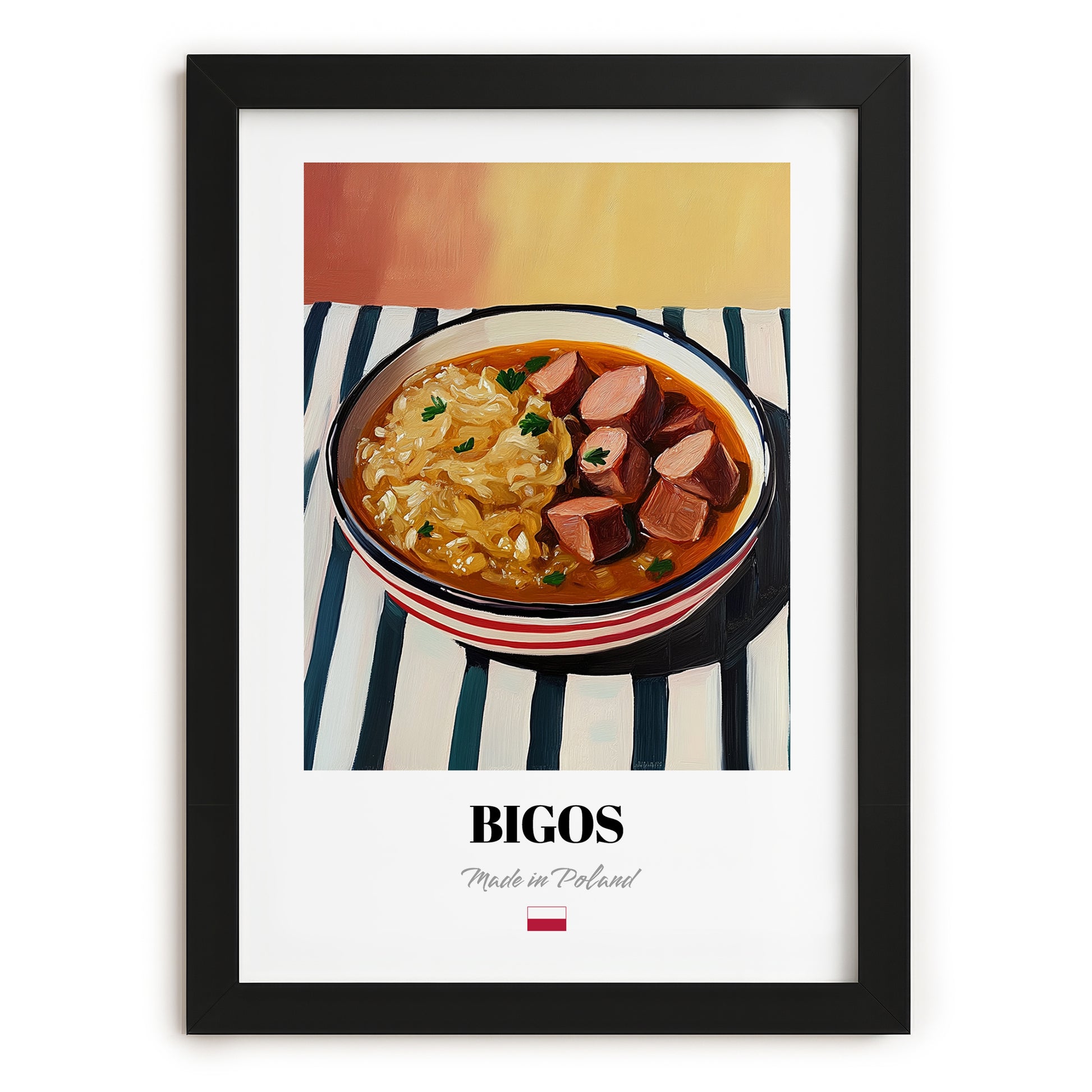 Bigos – on Striped Tablecloth, Polish Food Wall Decor, in sleek black frame