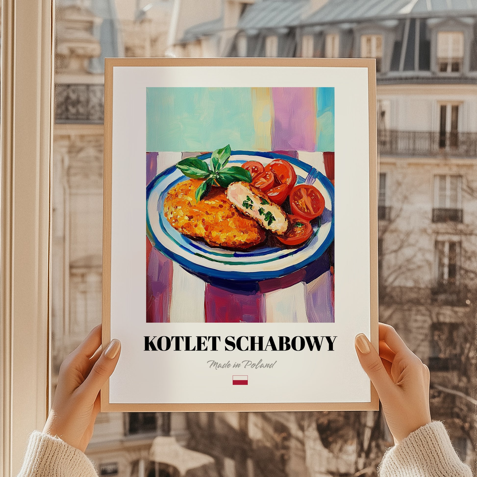 Kotlet Schabowy – Colorful Oil Painting, Polish Food Wall Decor, styled in a charming Paris street view