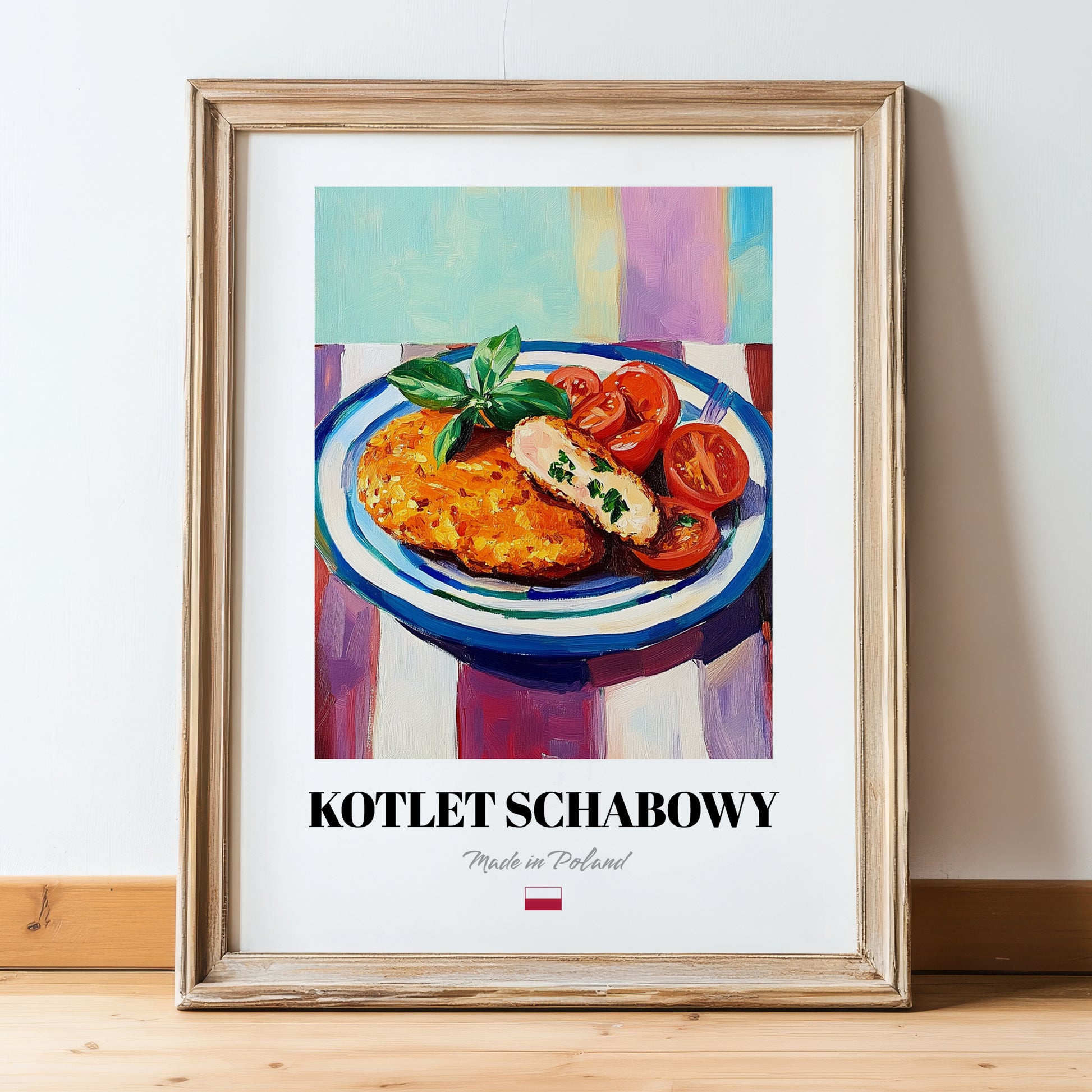 Kotlet Schabowy – Colorful Oil Painting, Polish Food Wall Decor, in wooden frame leaning on the floor