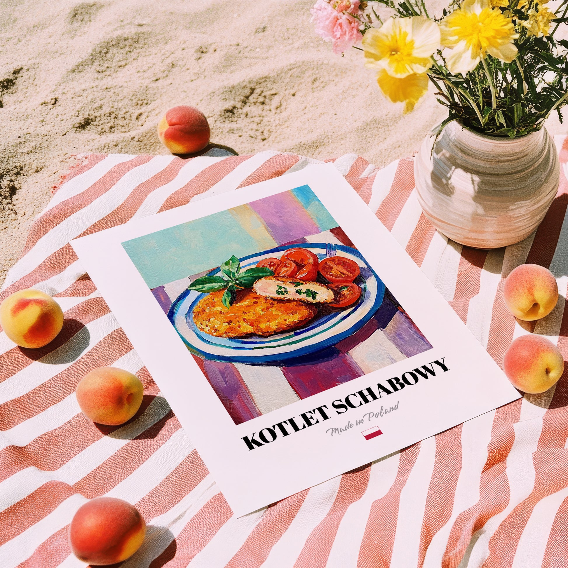 Kotlet Schabowy – Colorful Oil Painting, Polish Food Wall Decor, unframed on coastal sand