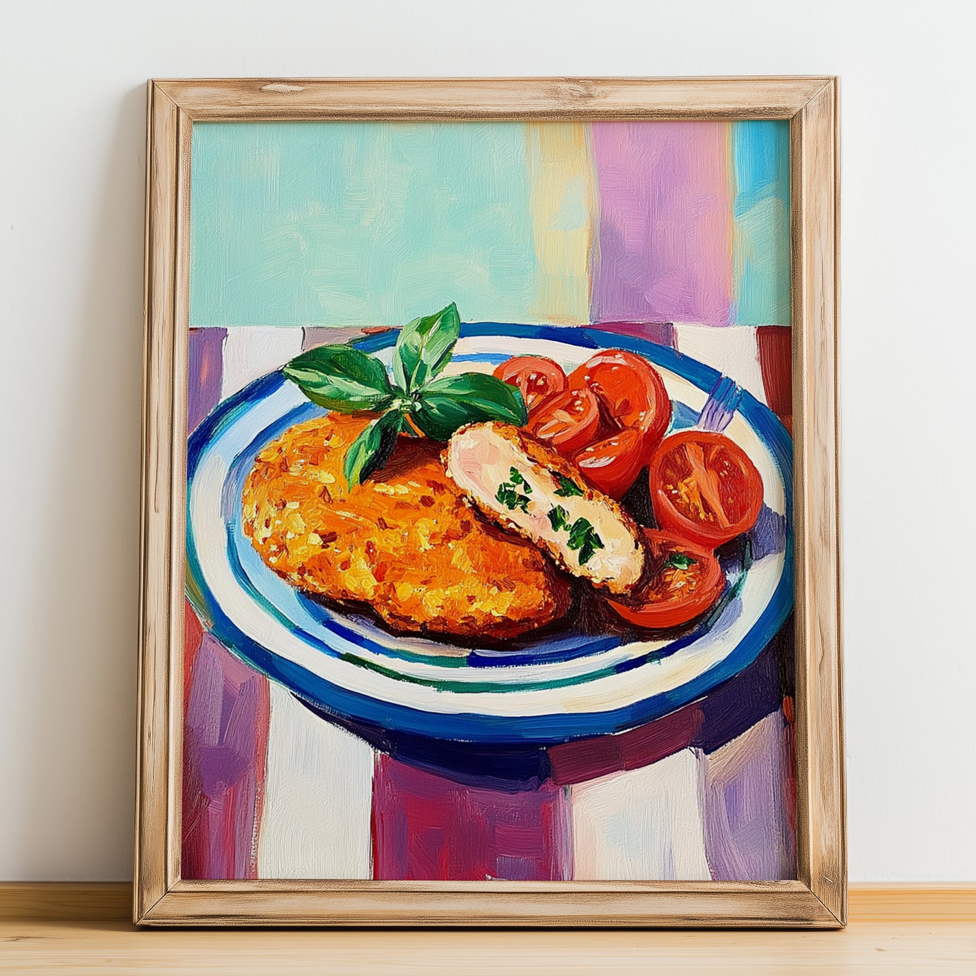 Kotlet Schabowy – Colorful Oil Painting, Polish Food Wall Decor, no-text version framed in wood