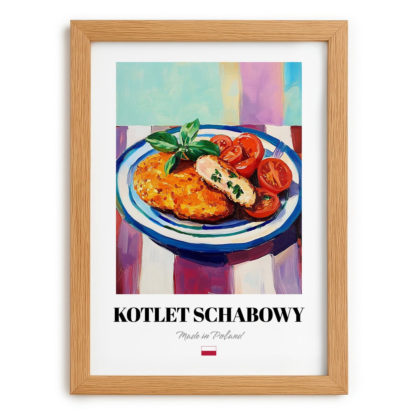 Kotlet Schabowy – Colorful Oil Painting, Polish Food Wall Decor, set in oak frame