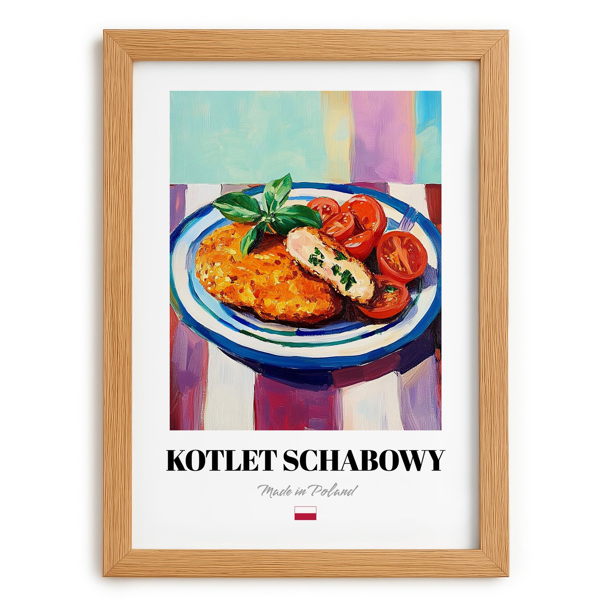 Kotlet Schabowy – Colorful Oil Painting, Polish Food Wall Decor, set in oak frame