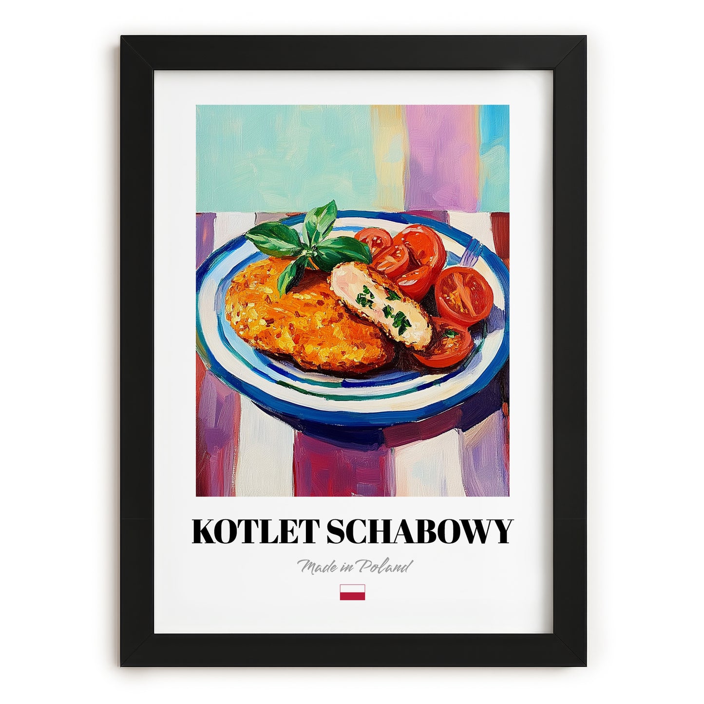 Kotlet Schabowy – Colorful Oil Painting, Polish Food Wall Decor, in sleek black frame