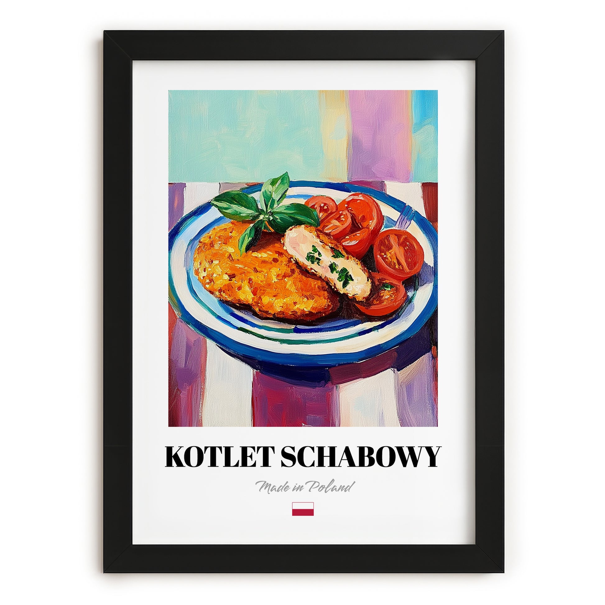 Kotlet Schabowy – Colorful Oil Painting, Polish Food Wall Decor, in sleek black frame