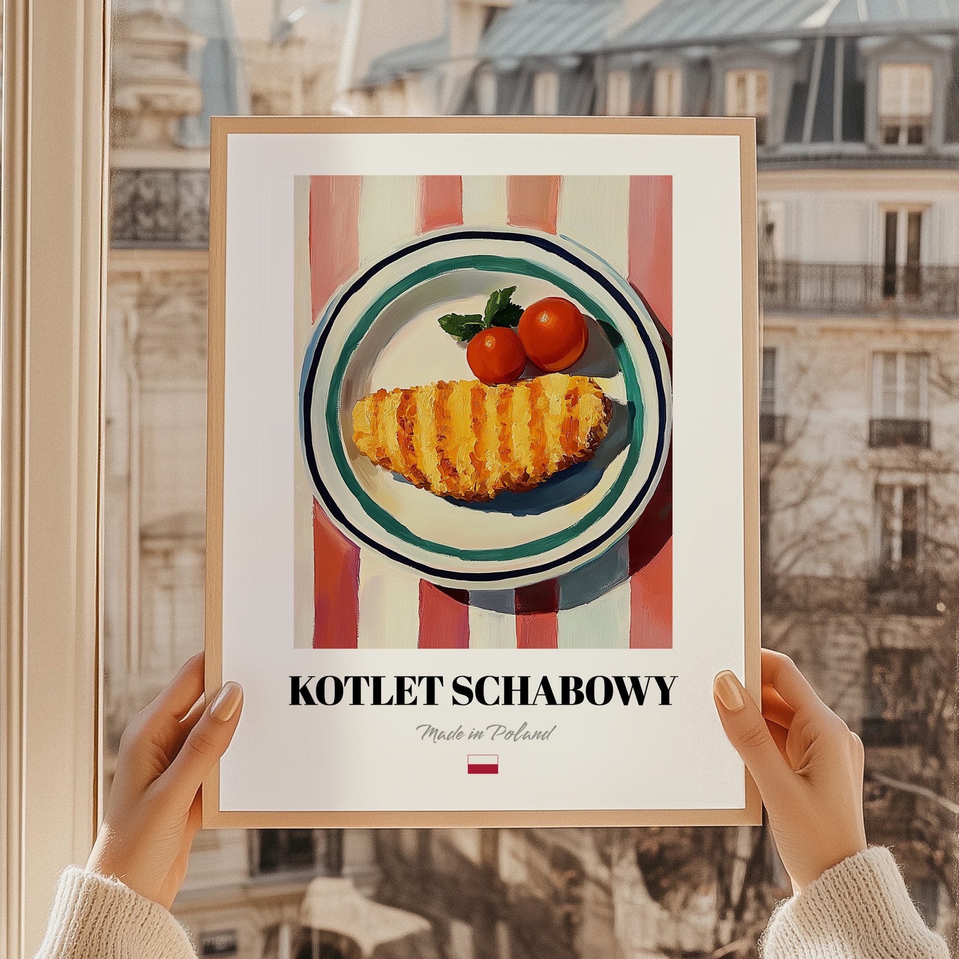 Kotlet Schabowy – on Striped Tablecloth, Polish Food Painting, styled in a charming Paris street view