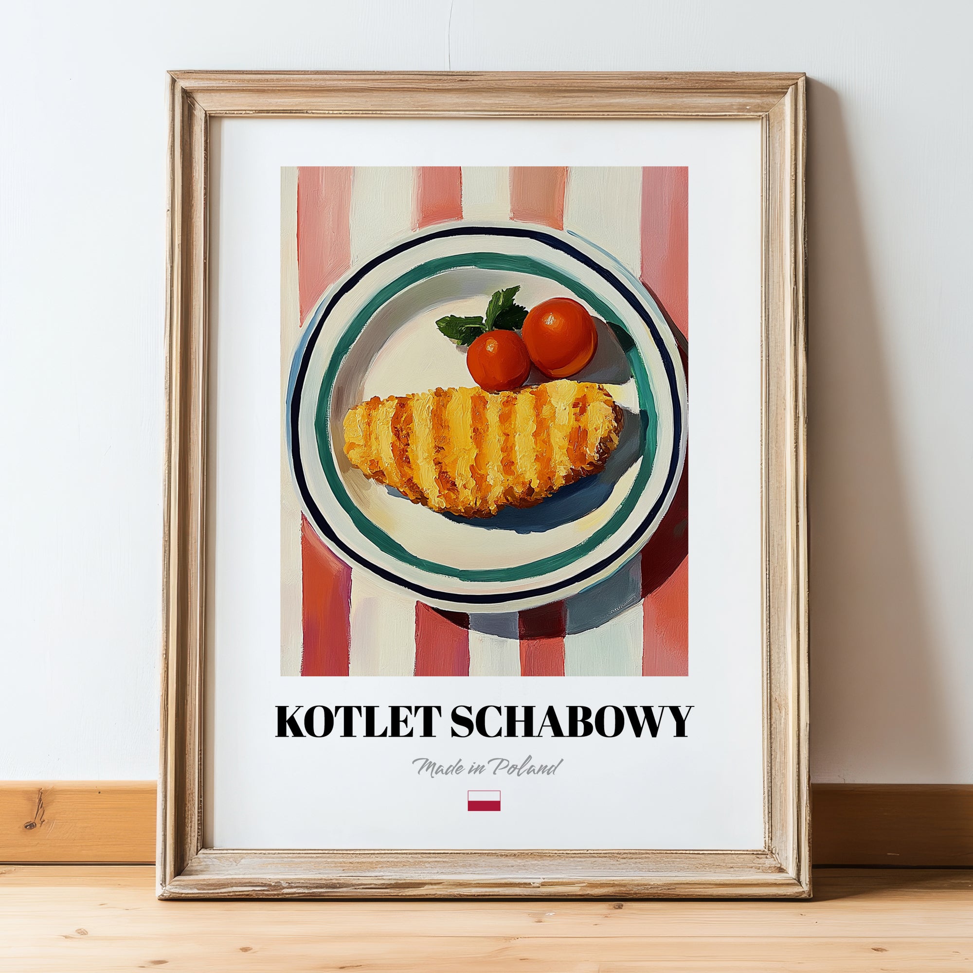 Kotlet Schabowy – on Striped Tablecloth, Polish Food Painting, in wooden frame leaning on the floor