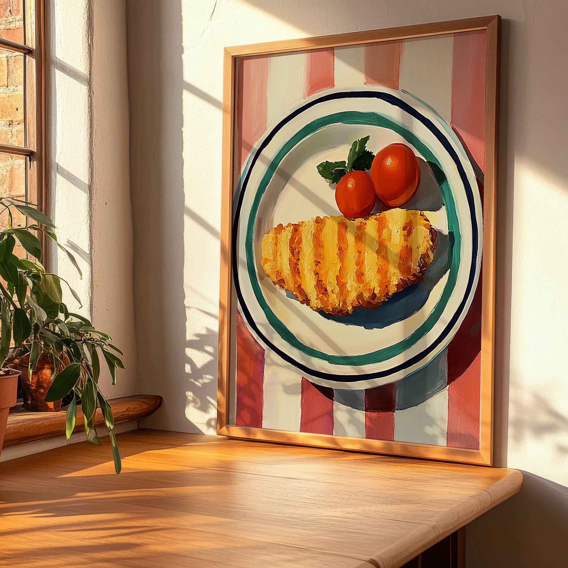 Kotlet Schabowy – on Striped Tablecloth, Polish Food Painting, clean layout with no caption