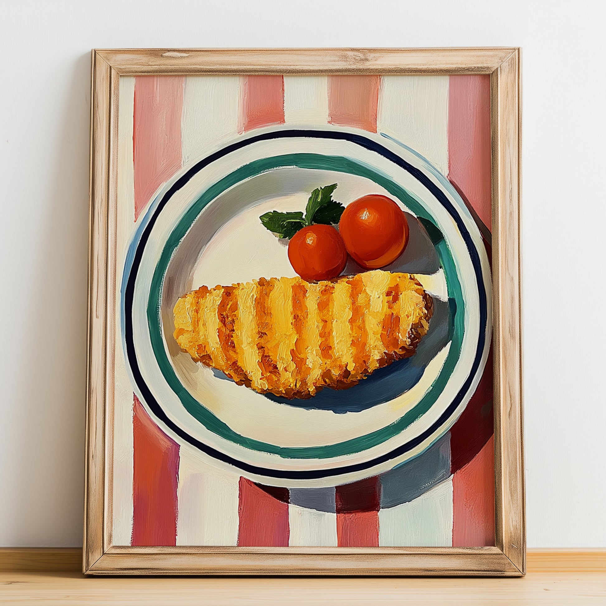 Kotlet Schabowy – on Striped Tablecloth, Polish Food Painting, no-text version framed in wood