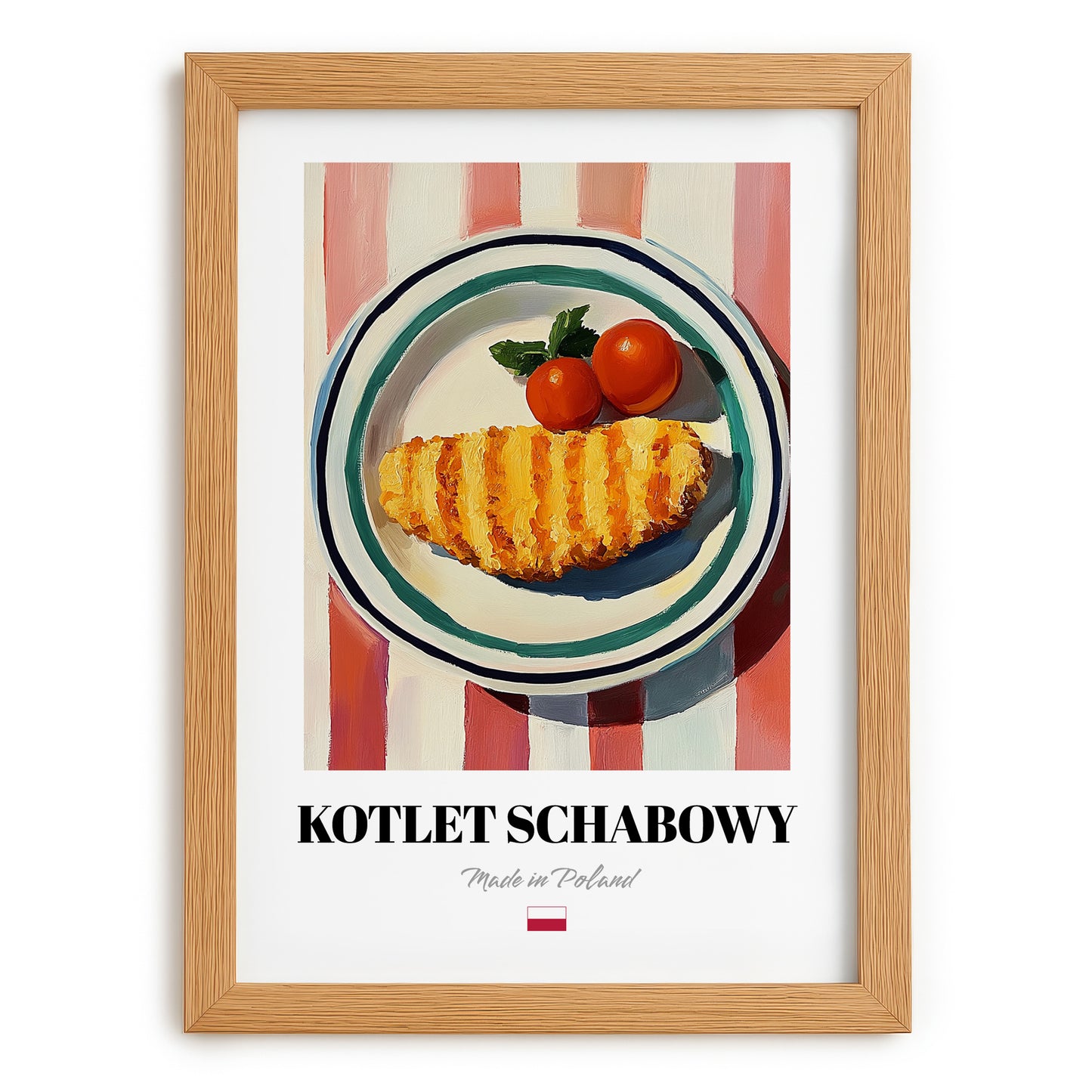 Kotlet Schabowy – on Striped Tablecloth, Polish Food Painting, set in oak frame