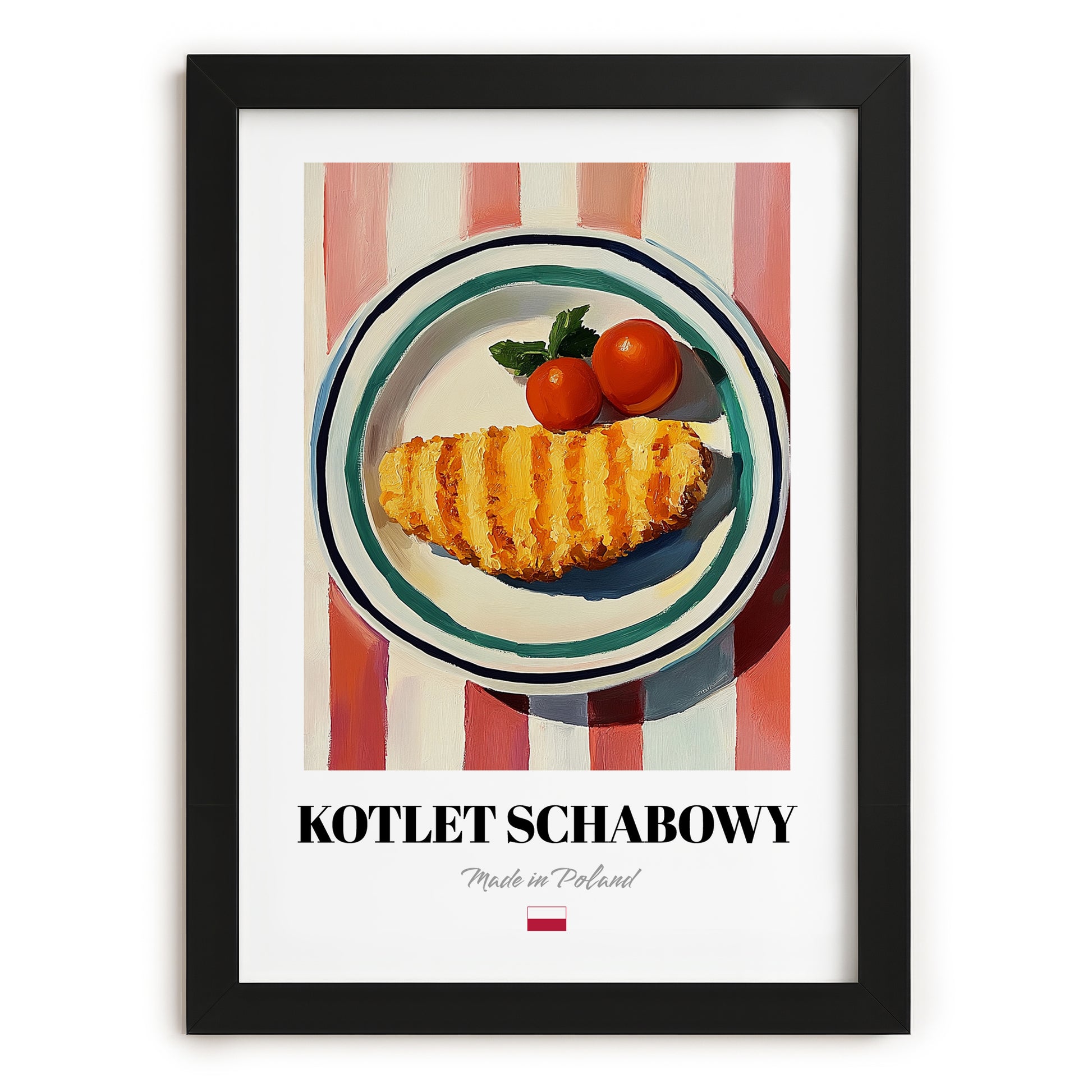 Kotlet Schabowy – on Striped Tablecloth, Polish Food Painting, in sleek black frame