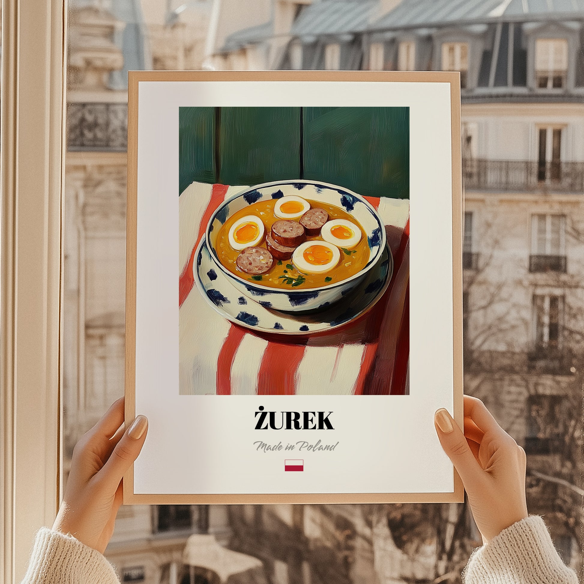 Żurek – on Striped Tablecloth, Polish Food Illustration, styled in a charming Paris street view