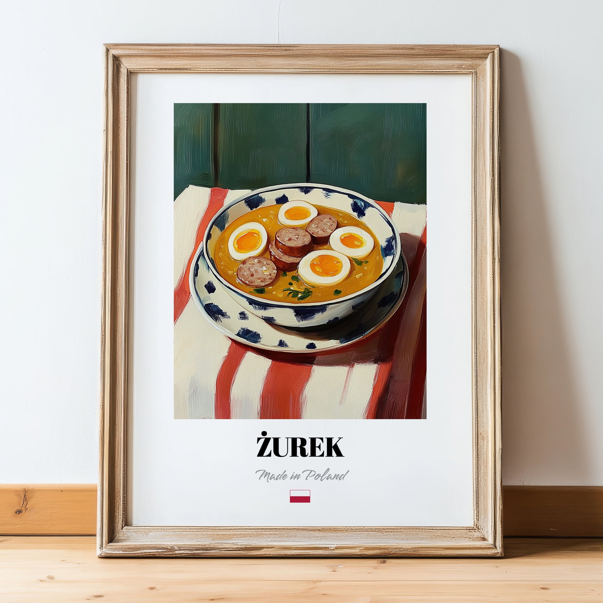 Żurek – on Striped Tablecloth, Polish Food Illustration, in wooden frame leaning on the floor