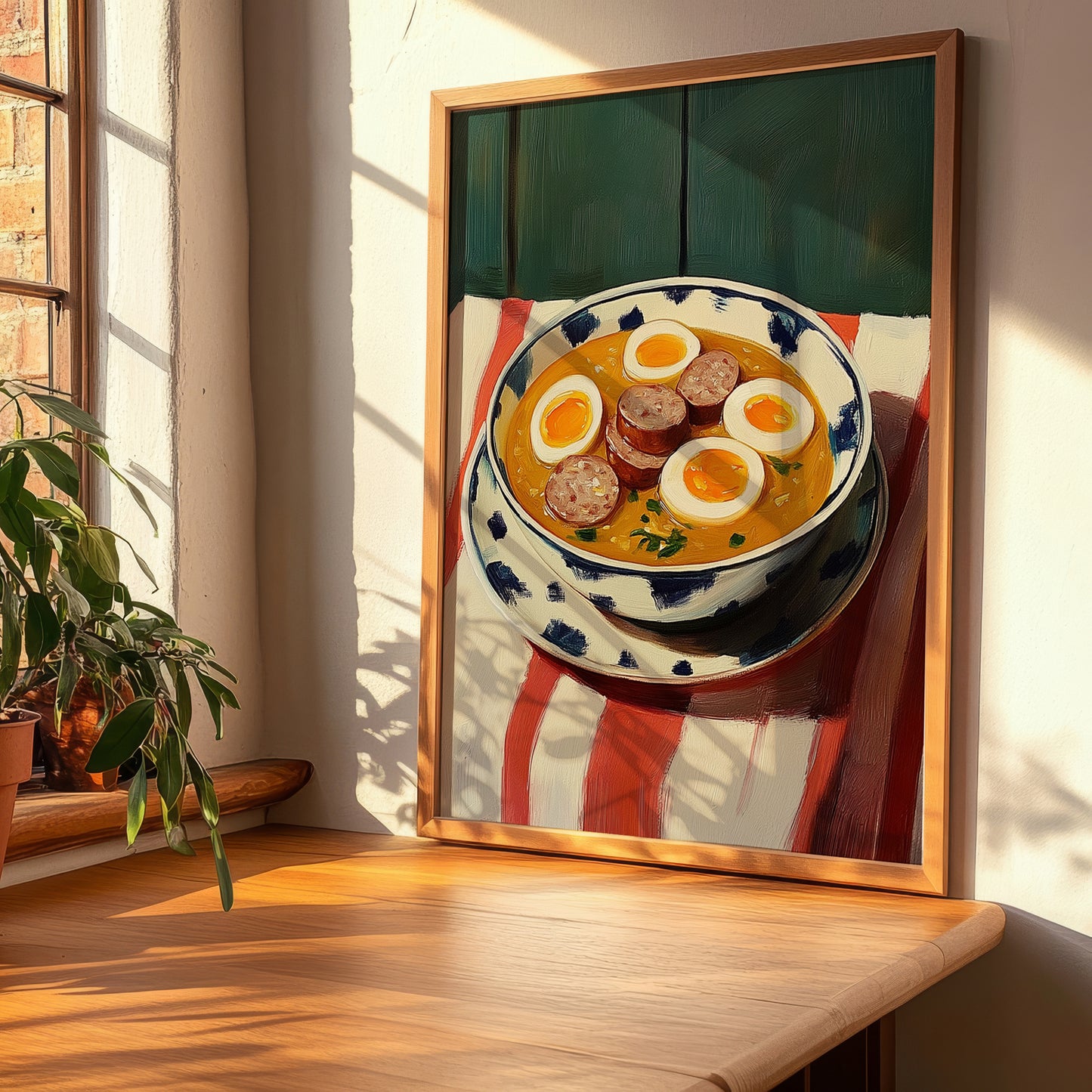 Żurek – on Striped Tablecloth, Polish Food Illustration, clean layout with no caption