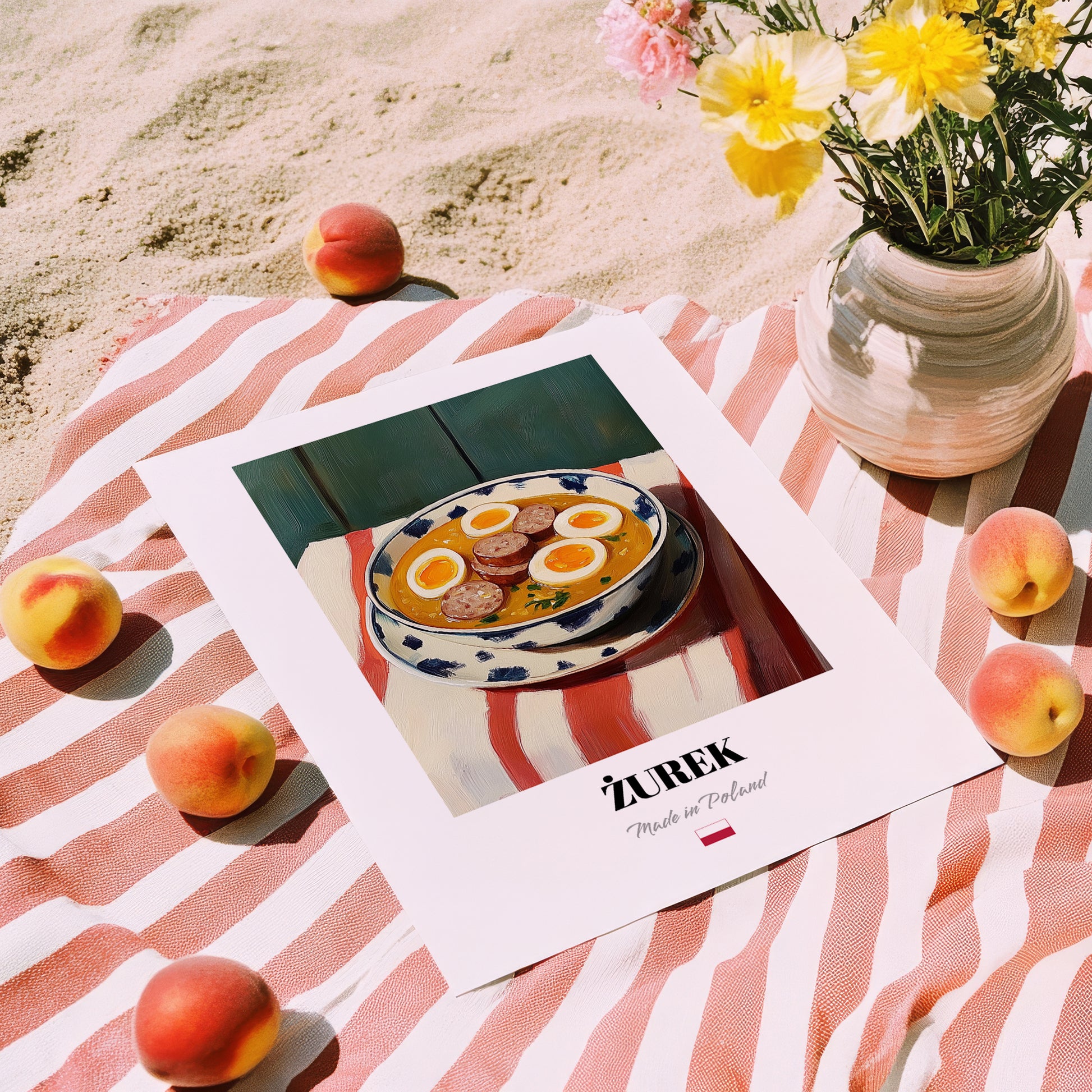 Żurek – on Striped Tablecloth, Polish Food Illustration, unframed on coastal sand