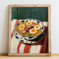 Żurek – on Striped Tablecloth, Polish Food Illustration, no-text version framed in wood