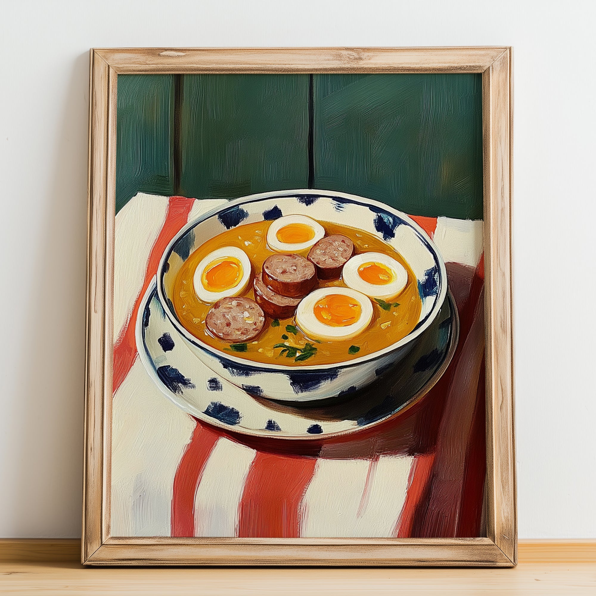 Żurek – on Striped Tablecloth, Polish Food Illustration, no-text version framed in wood