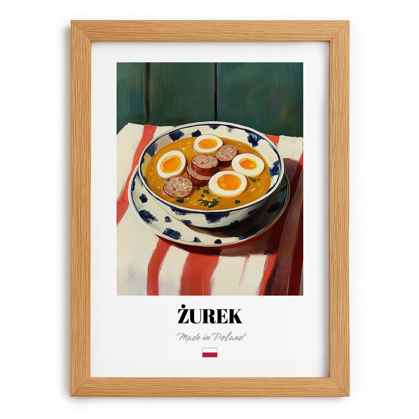 Żurek – on Striped Tablecloth, Polish Food Illustration, set in oak frame