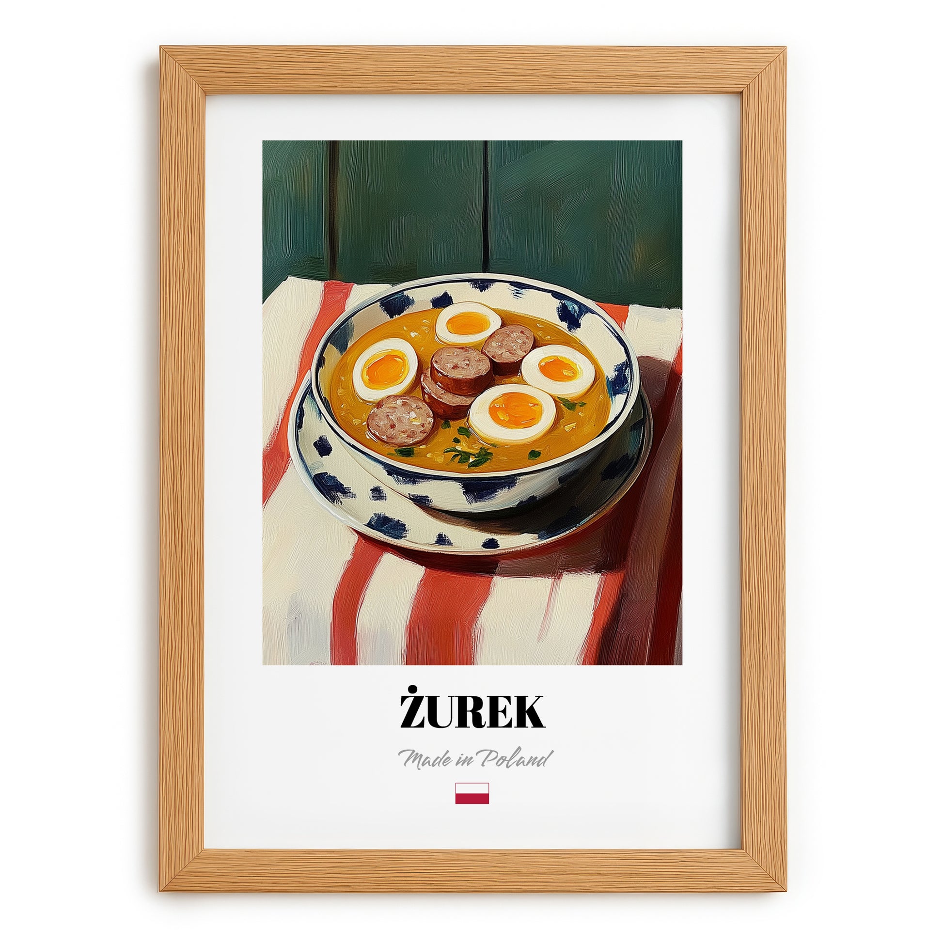 Żurek – on Striped Tablecloth, Polish Food Illustration, set in oak frame