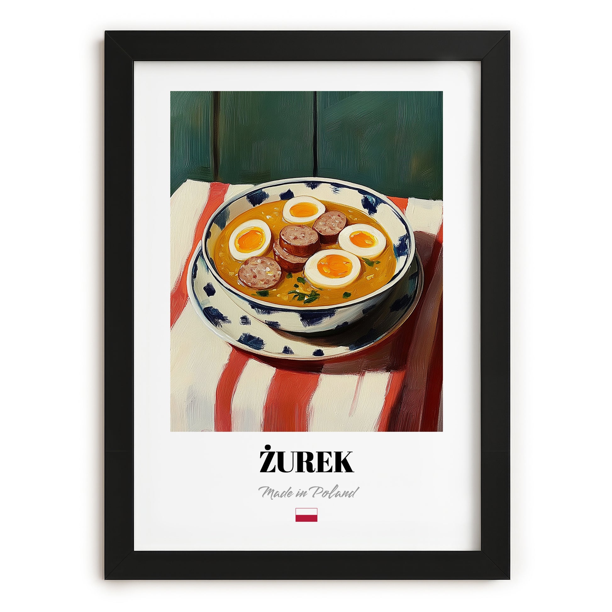 Żurek – on Striped Tablecloth, Polish Food Illustration, in sleek black frame