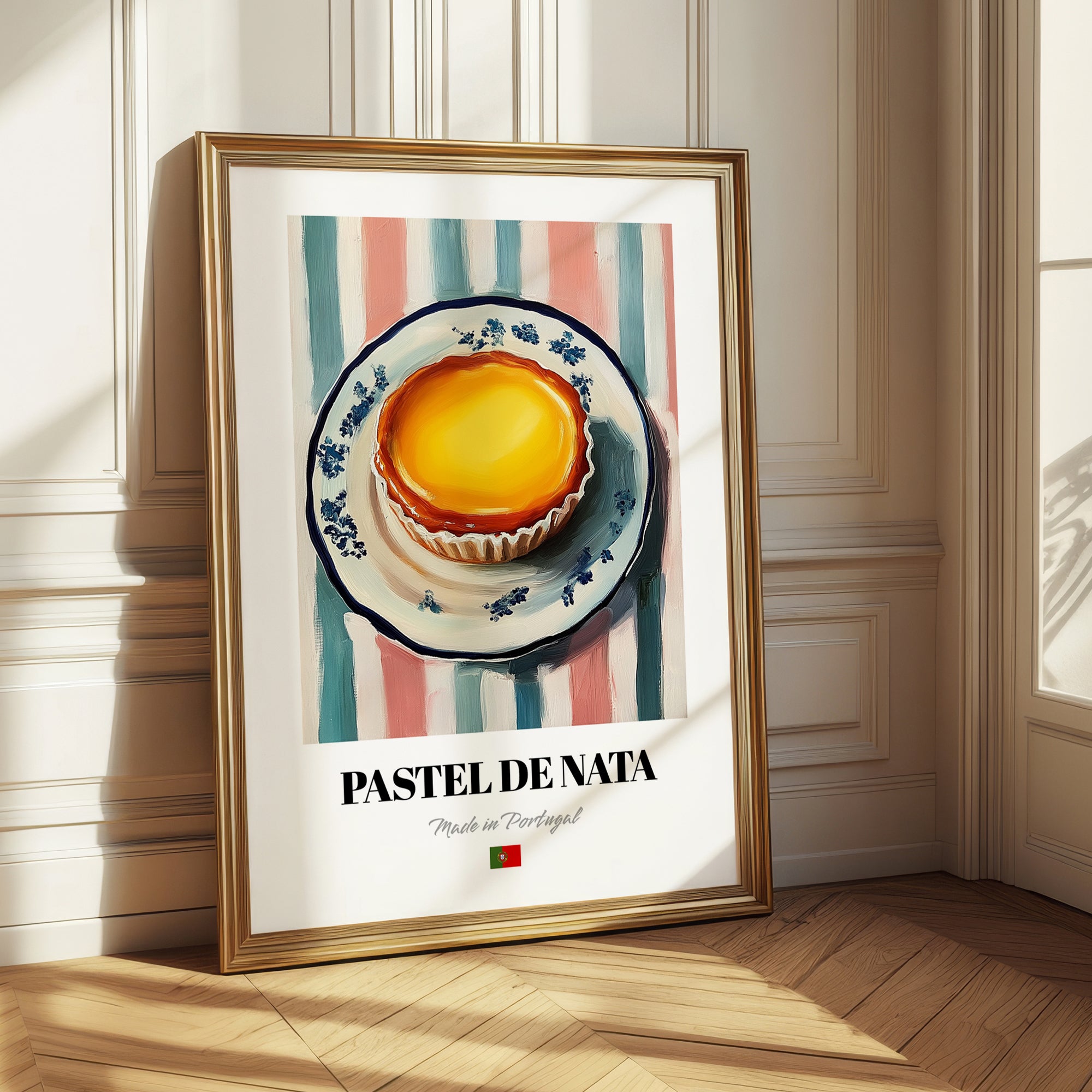 Pastel de Nata – on Striped Tablecloth, Portuguese Dessert Painting 