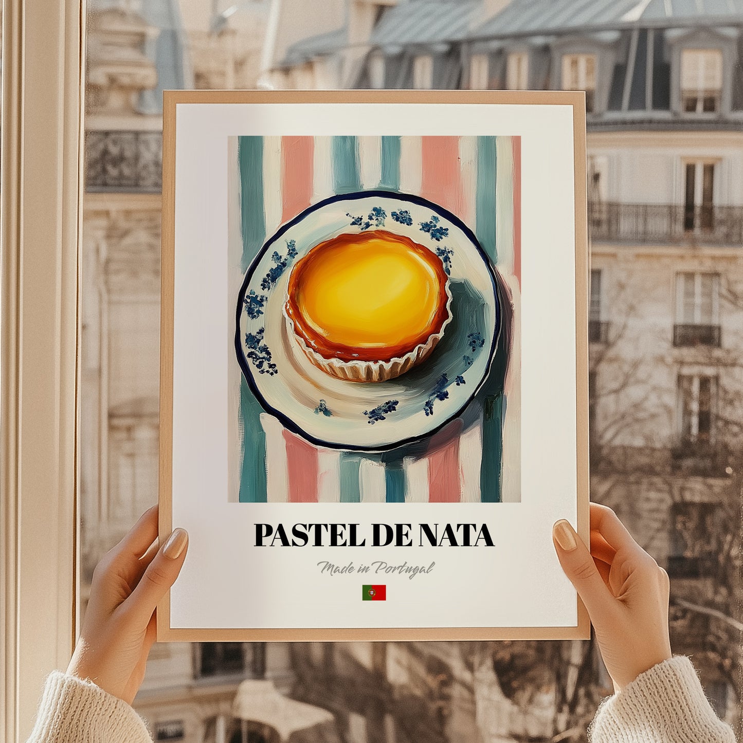 Pastel de Nata – on Striped Tablecloth, Portuguese Dessert Painting, styled in a charming Paris street view