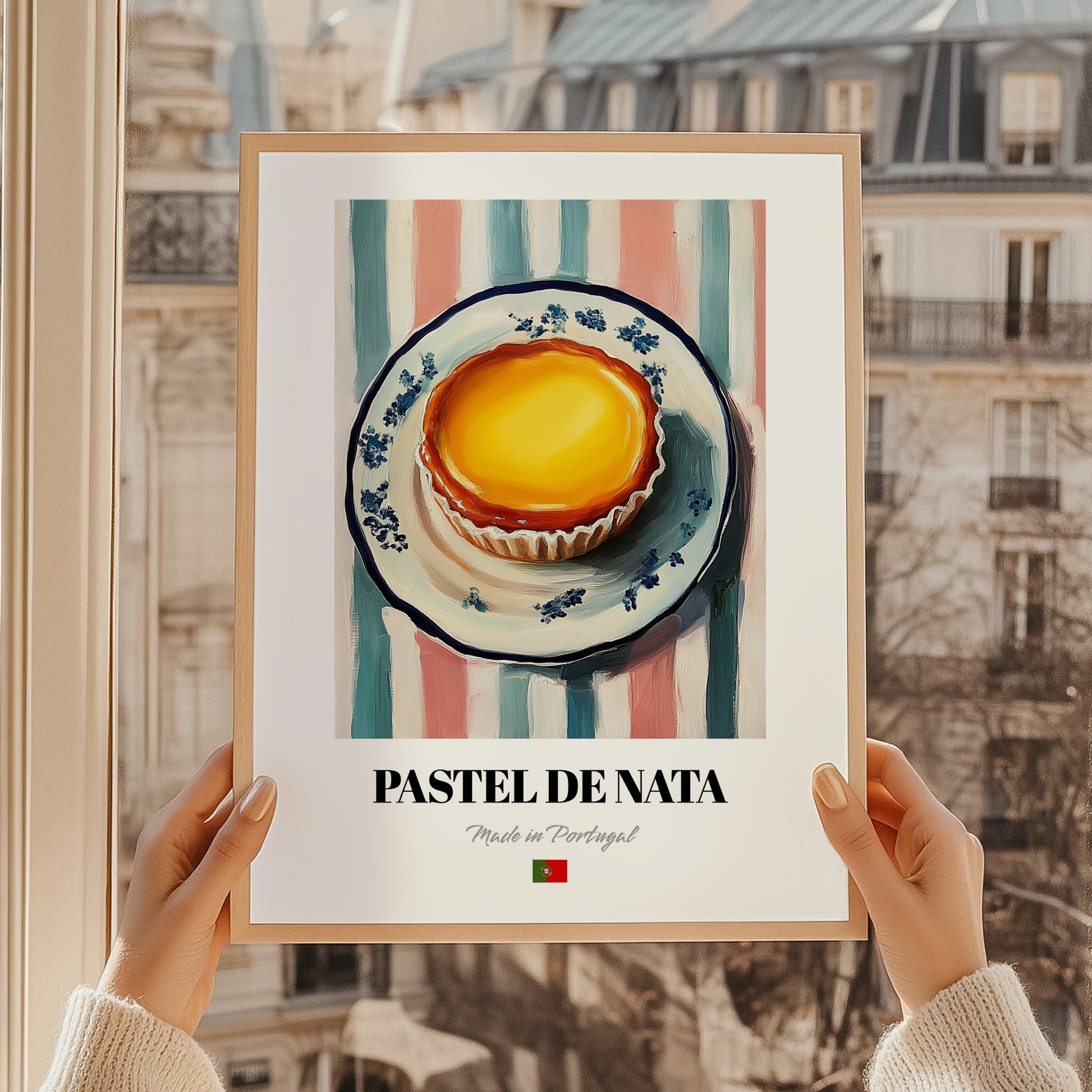 Pastel de Nata – on Striped Tablecloth, Portuguese Dessert Painting, styled in a charming Paris street view