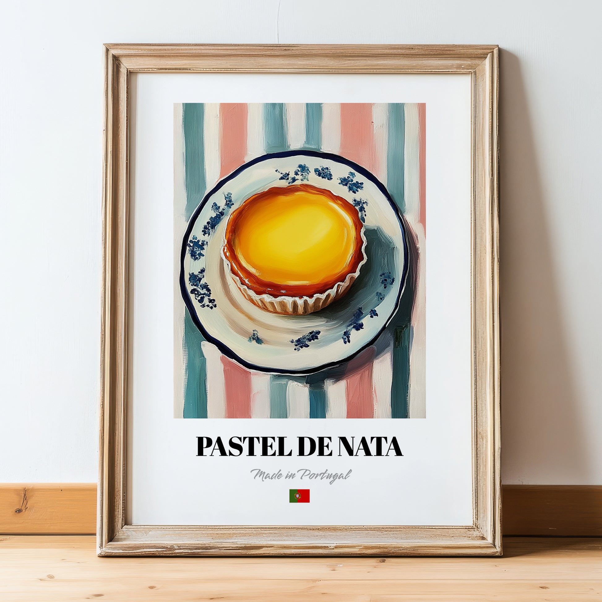 Pastel de Nata – on Striped Tablecloth, Portuguese Dessert Painting, in wooden frame leaning on the floor