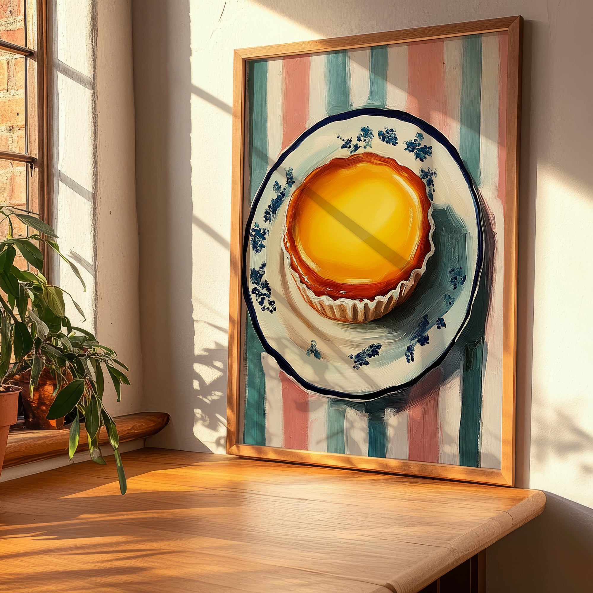 Pastel de Nata – on Striped Tablecloth, Portuguese Dessert Painting, clean layout with no caption