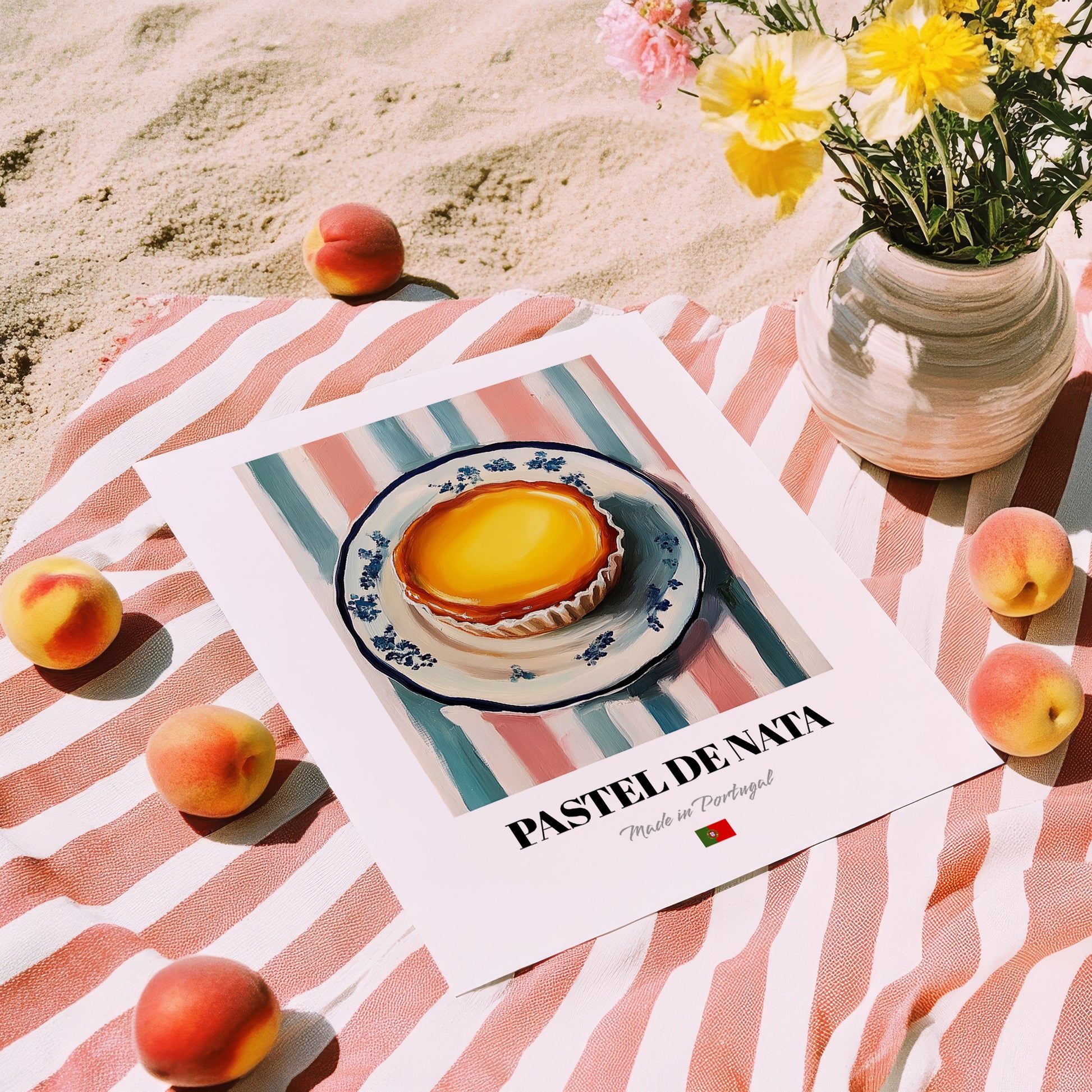 Pastel de Nata – on Striped Tablecloth, Portuguese Dessert Painting, unframed on coastal sand
