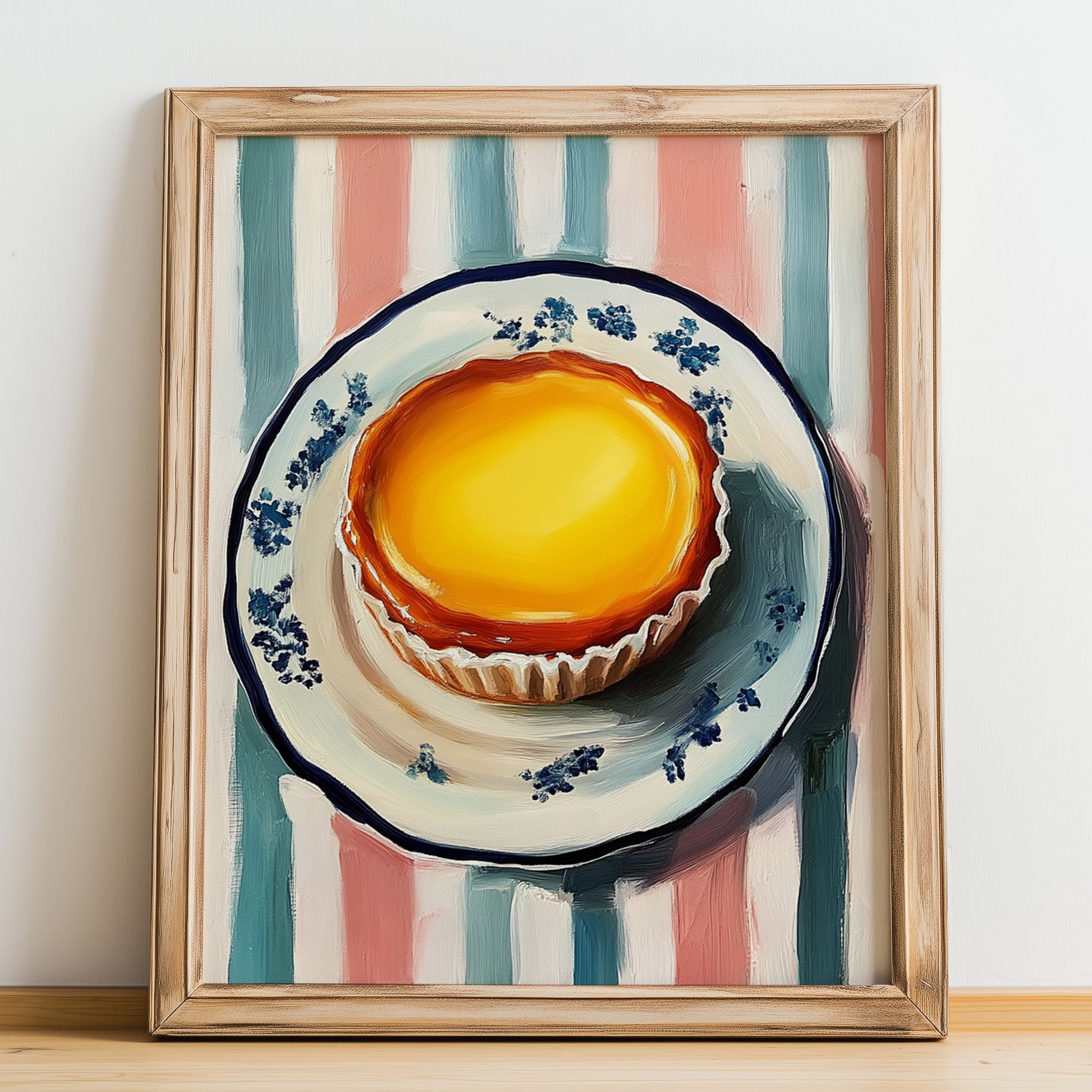 Pastel de Nata – on Striped Tablecloth, Portuguese Dessert Painting, no-text version framed in wood