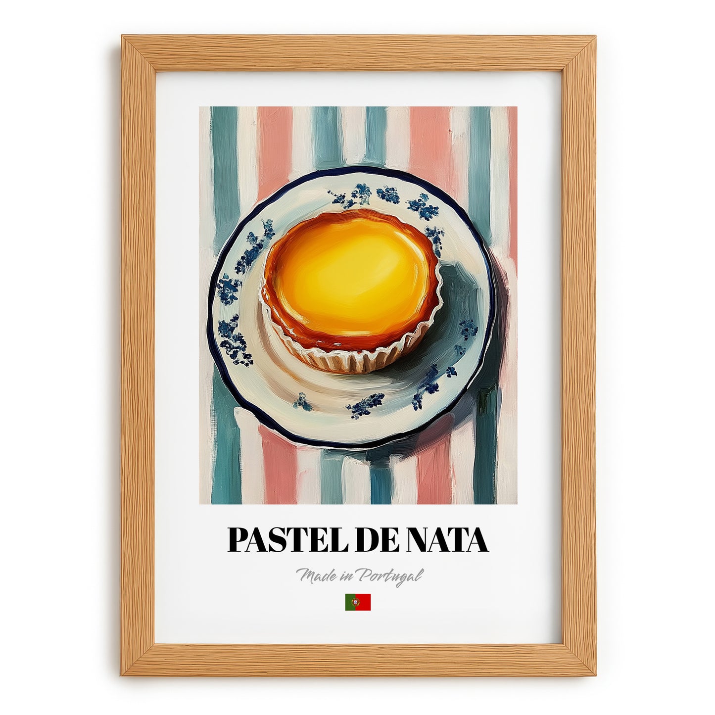 Pastel de Nata – on Striped Tablecloth, Portuguese Dessert Painting, set in oak frame